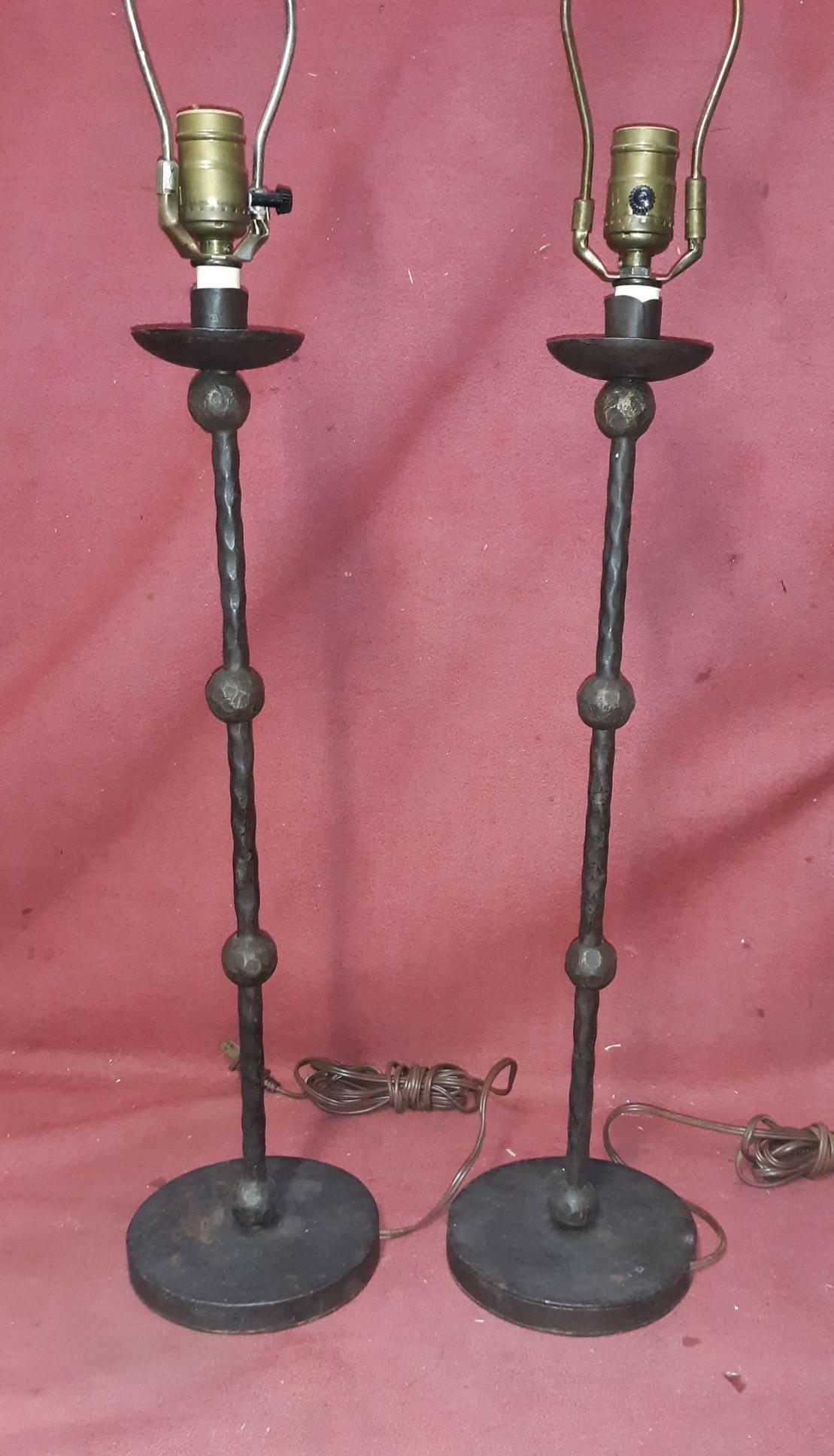 Pair of Hand Forged Iron Giacometti Style Lamps In Good Condition In Lambertville, NJ