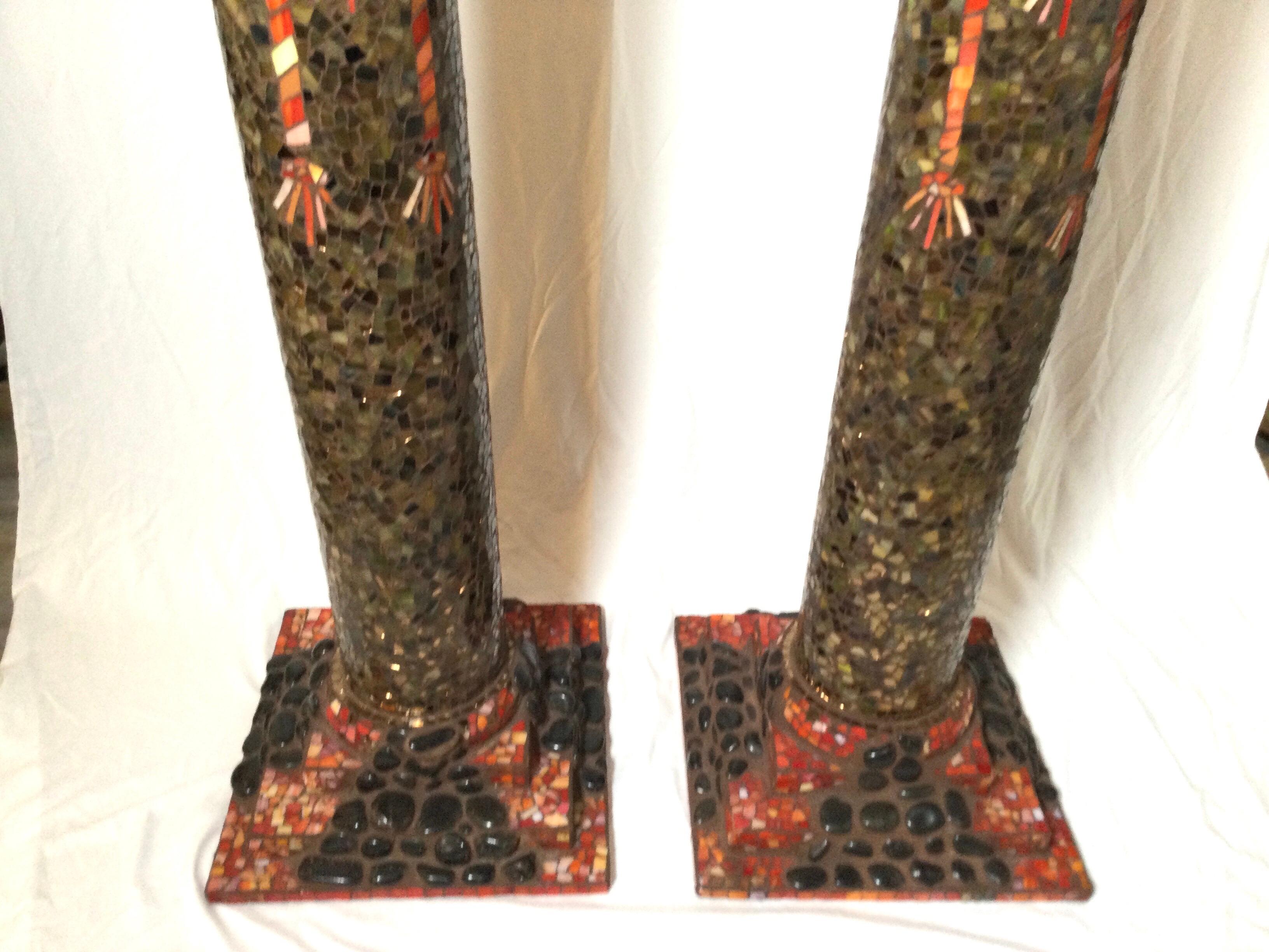 Pair of Hand Made Stone and Glass Mosaic Pedestal Columns 4