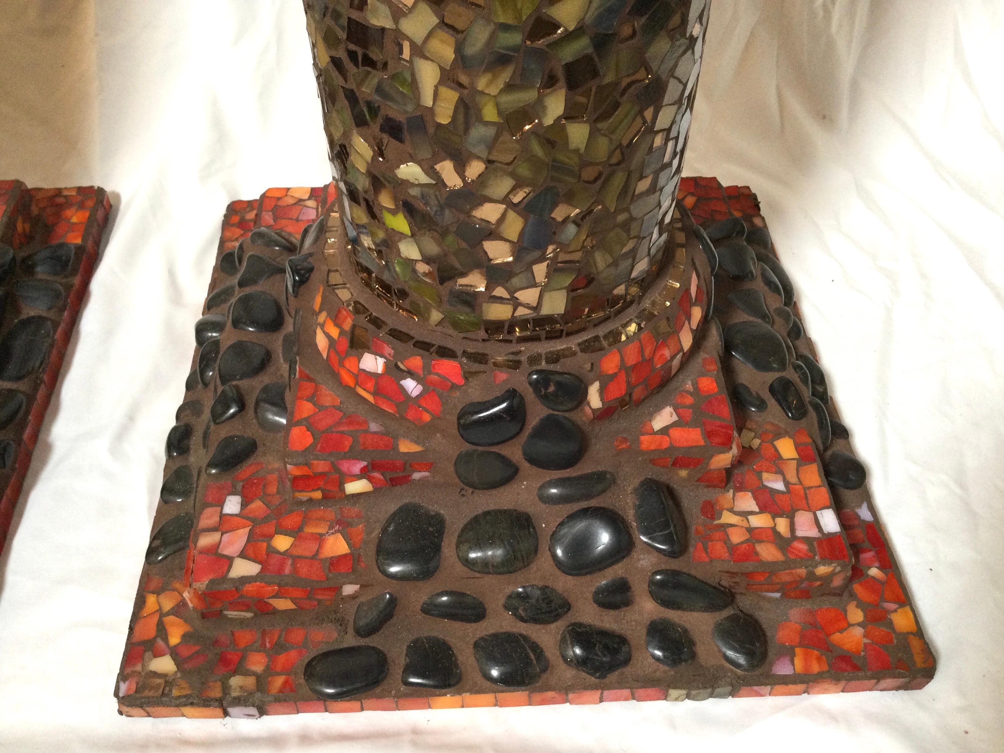 Pair of Hand Made Stone and Glass Mosaic Pedestal Columns In Excellent Condition In Lambertville, NJ