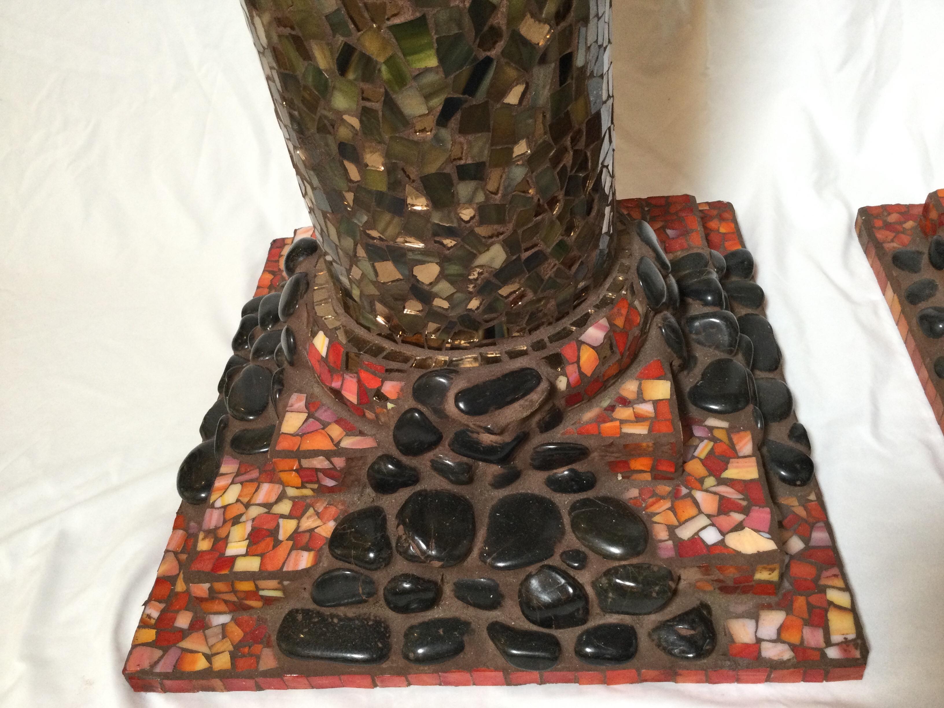 20th Century Pair of Hand Made Stone and Glass Mosaic Pedestal Columns