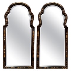 A Pair of Hand Painted Chinoiserie Arched top Beveled Mirrors