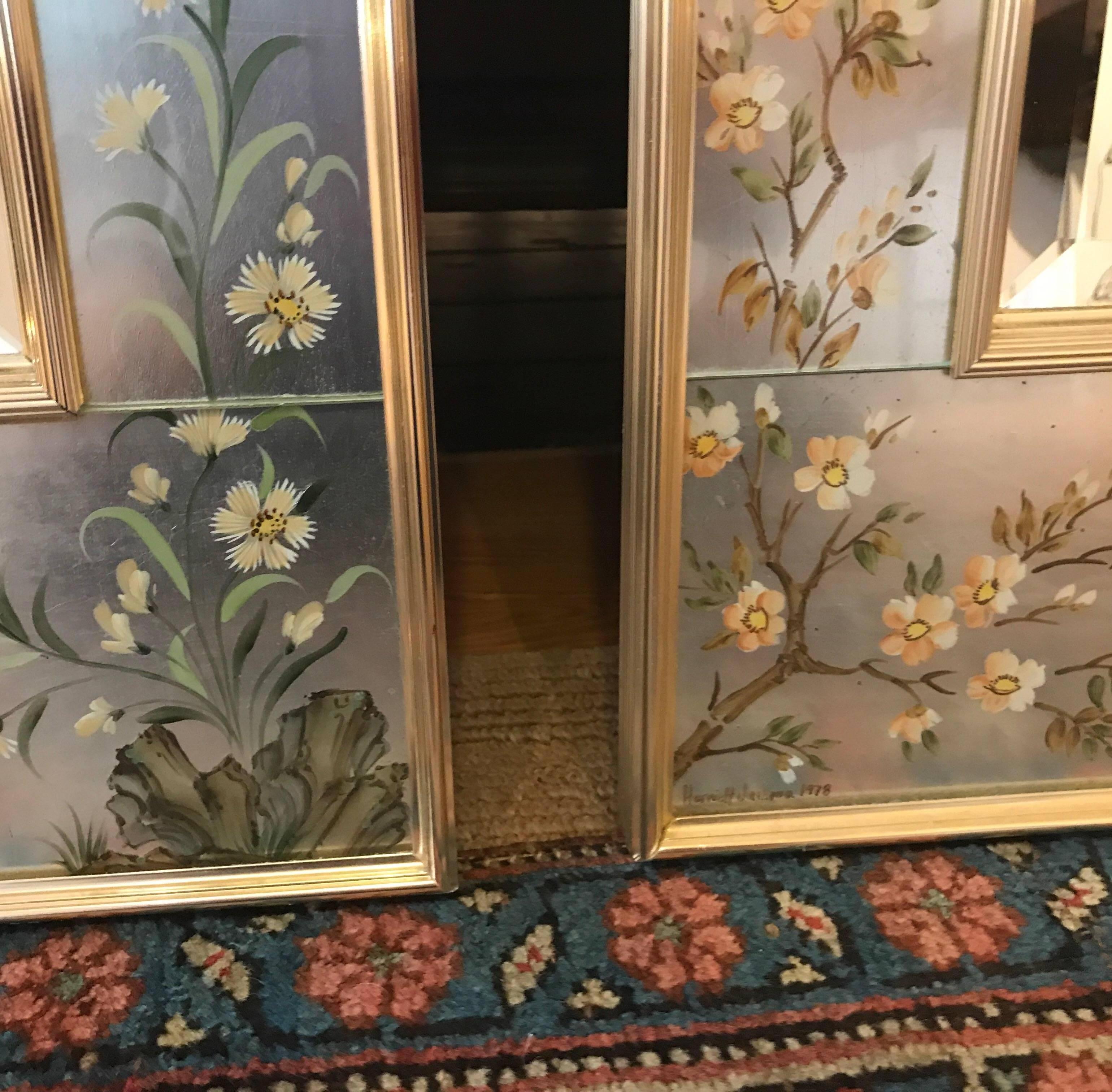 Pair of Hand-Painted Eglomise Labarge Mirrors in Silver Gilt 4