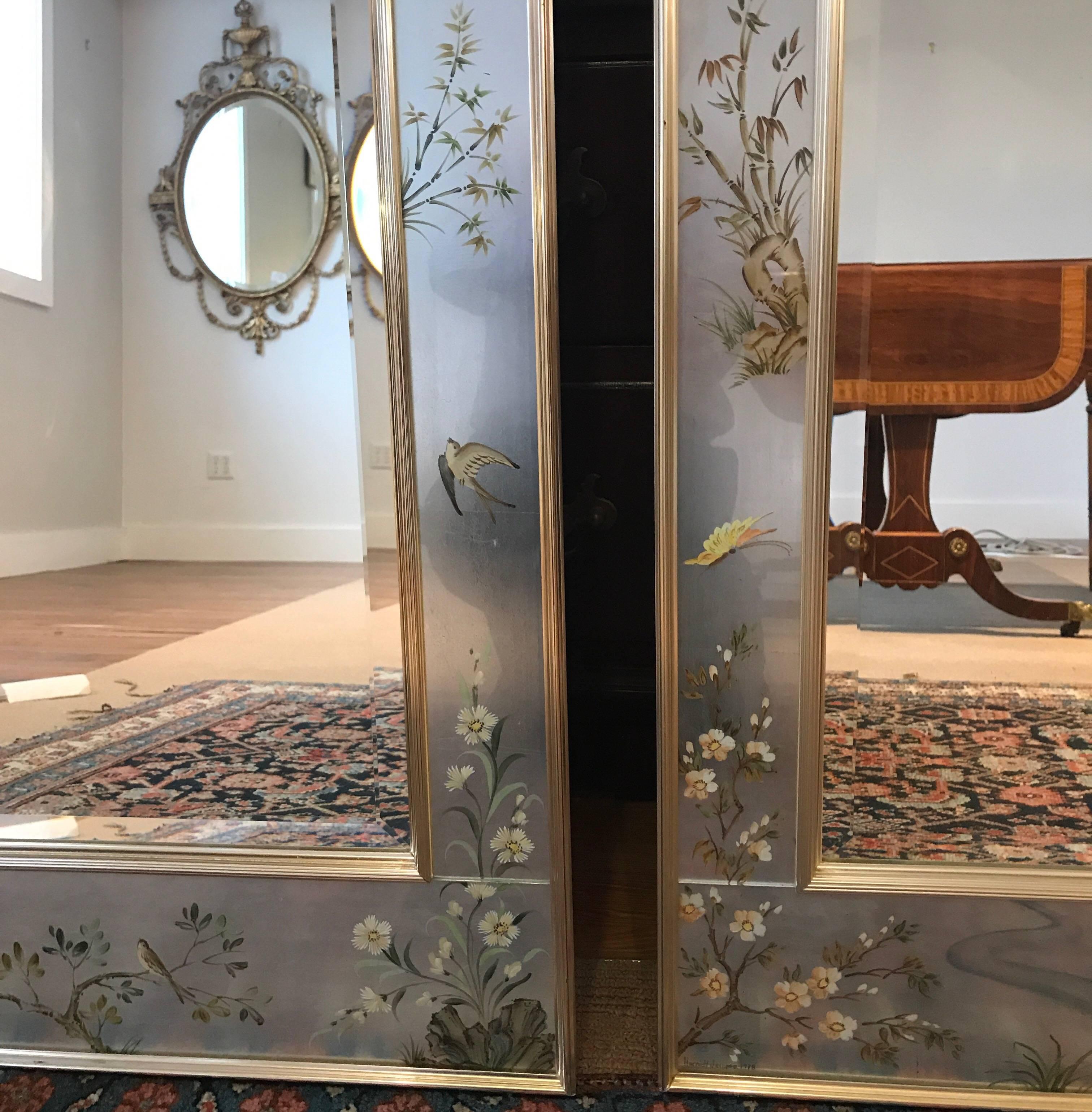 American Pair of Hand-Painted Eglomise Labarge Mirrors in Silver Gilt