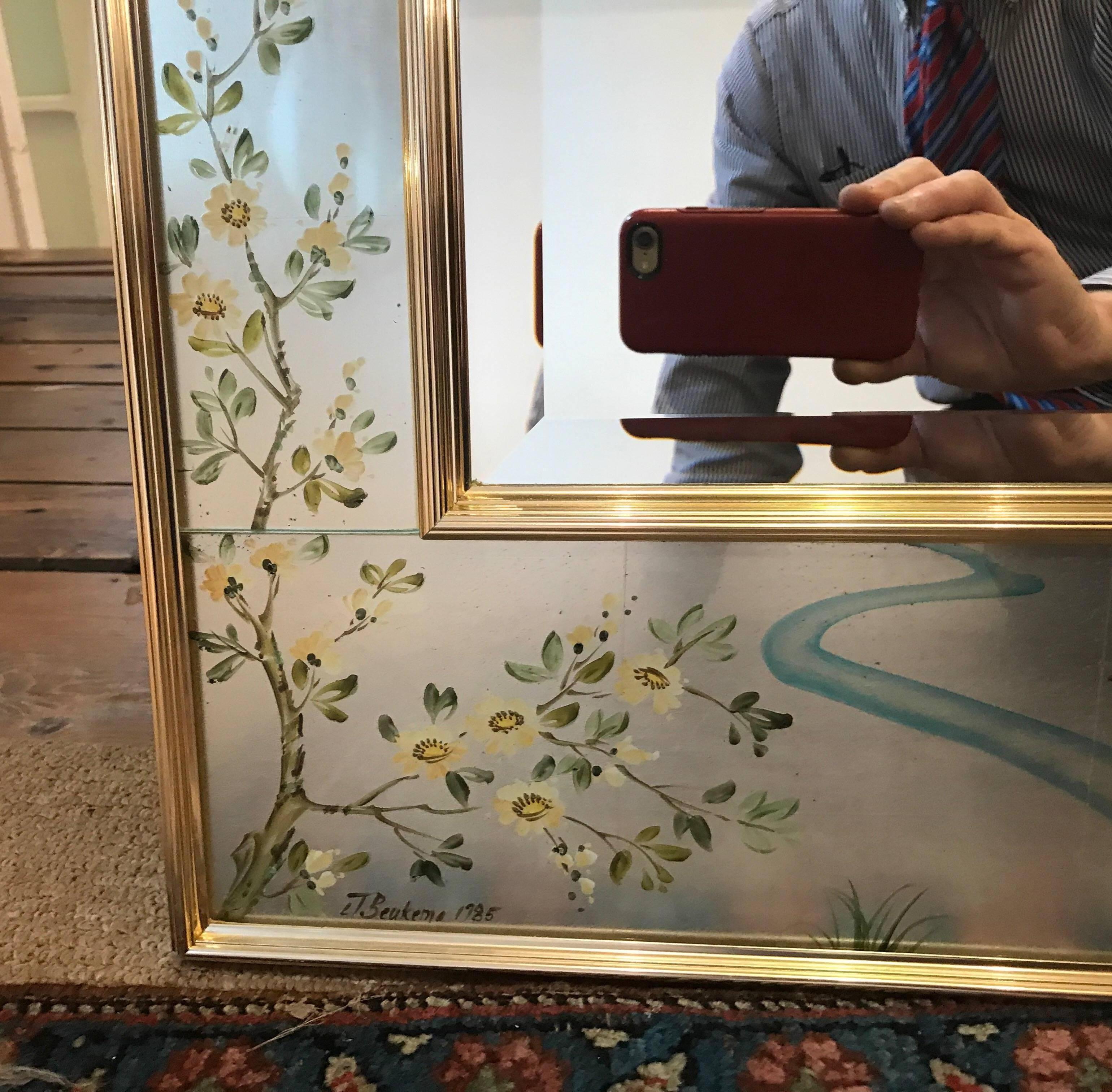 Pair of Hand-Painted Eglomise Labarge Mirrors in Silver Gilt 3