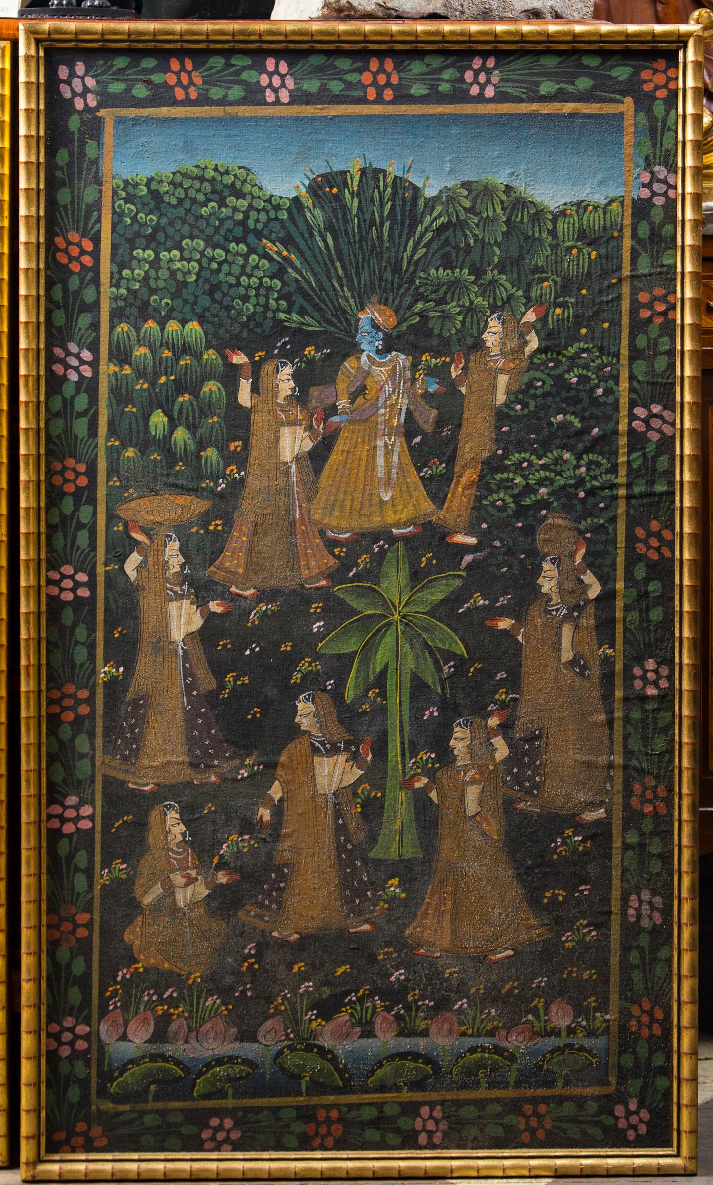 This pair of paintings seem to be on canvas, backed with card board. Each shows traditionally dressed figures in a lush garden, who appear to be attending to the blue faced Hindu god, Krishna. One of the most beloved of Hindu gods, blue-skinned