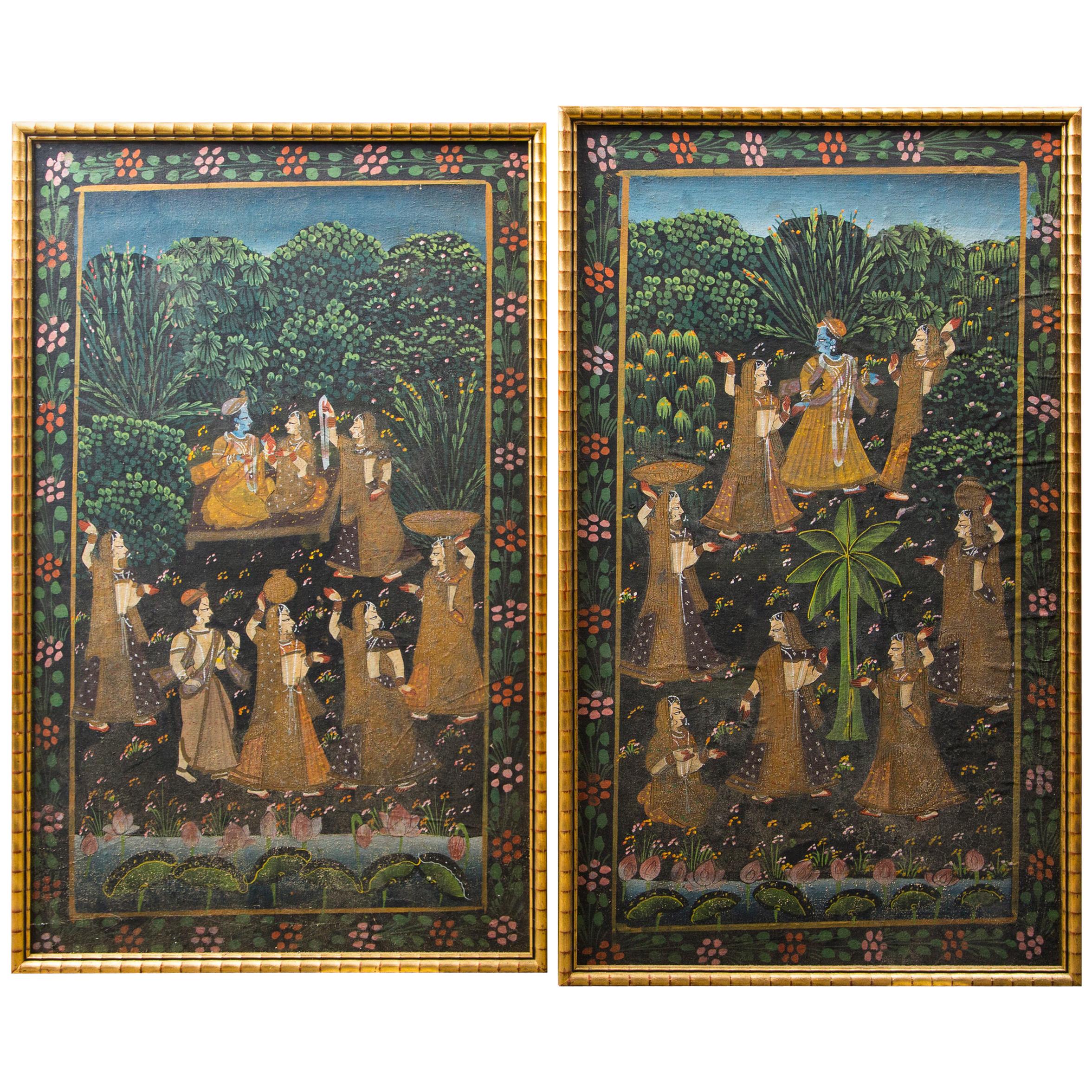 Pair of Hand Painted Indian Garden Scenes