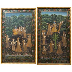  Pair of Hand Painted Indian Garden Scenes