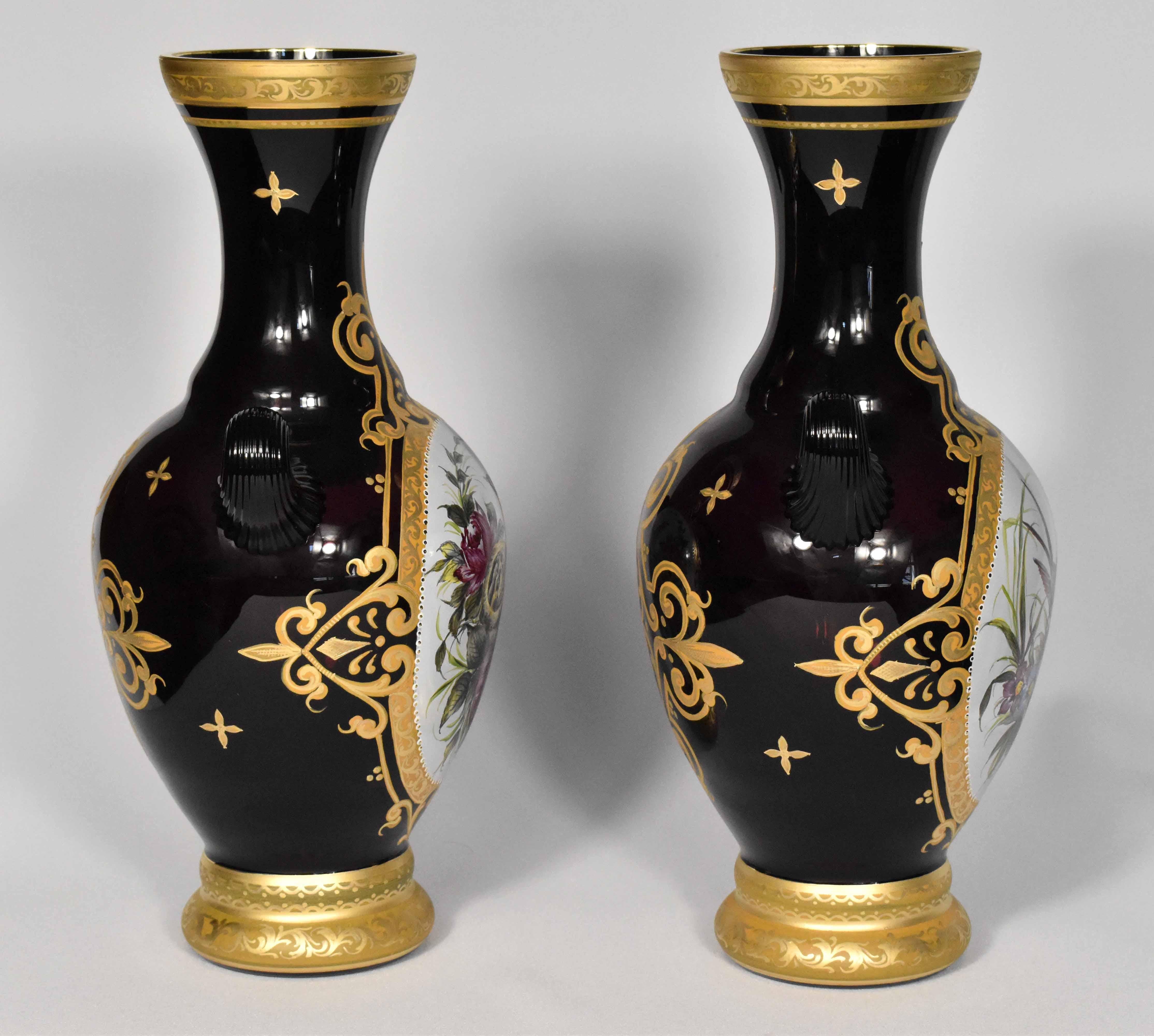 Czech Pair of Hand, Painted Vases, 19th Century Style Bohemian Glass For Sale