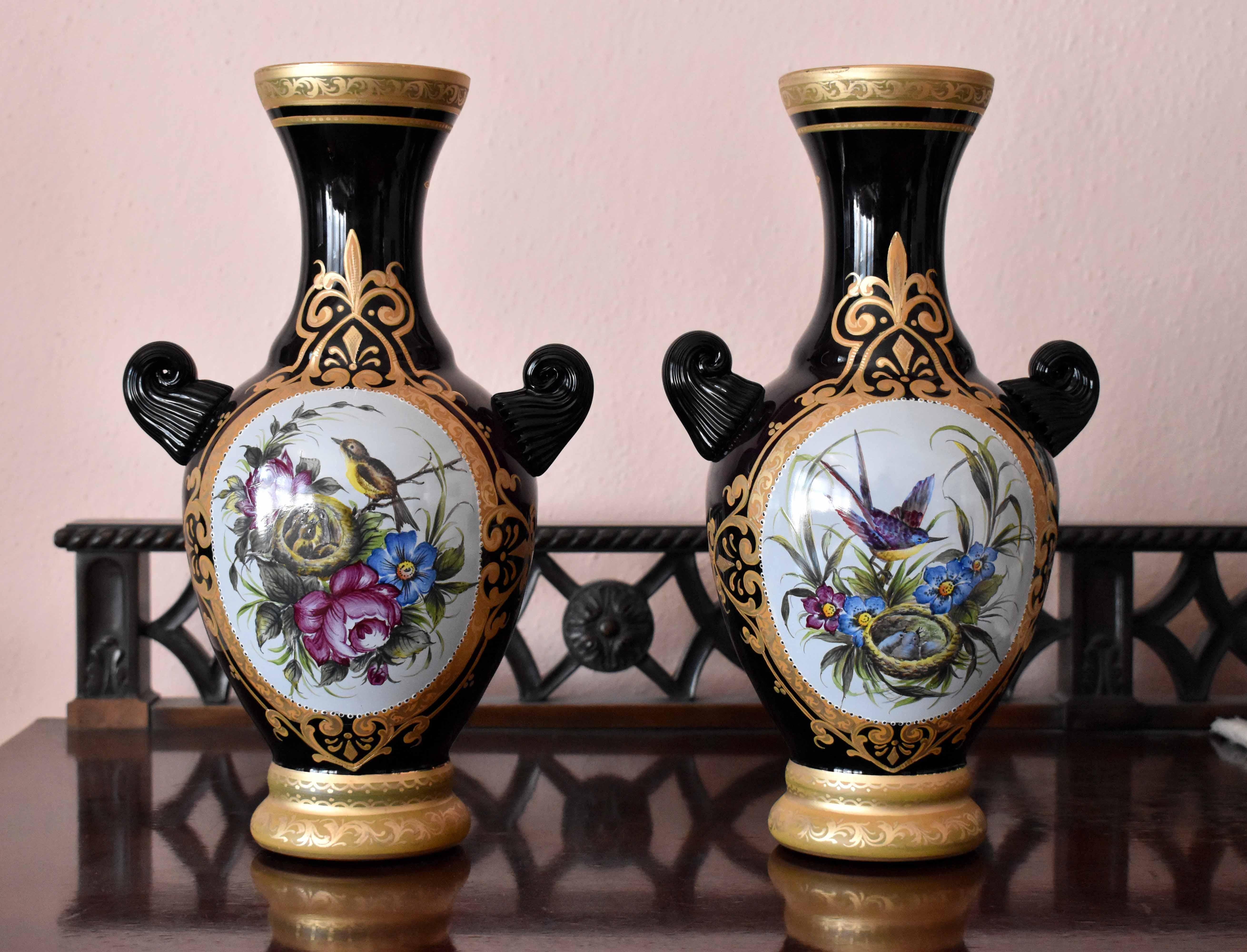 Hand-Painted Pair of Hand, Painted Vases, 19th Century Style Bohemian Glass For Sale