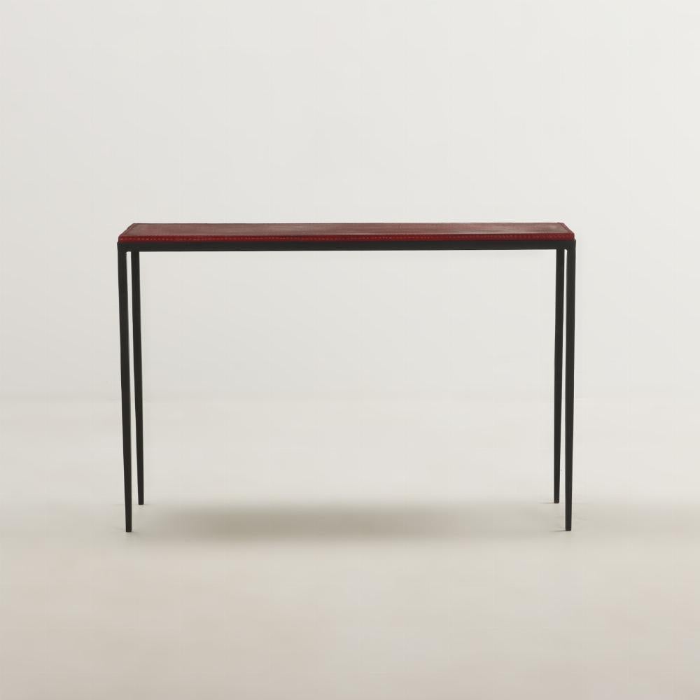 Pair hand stiched iron and  leather console tables in the manner of Jean-Michel Frank.