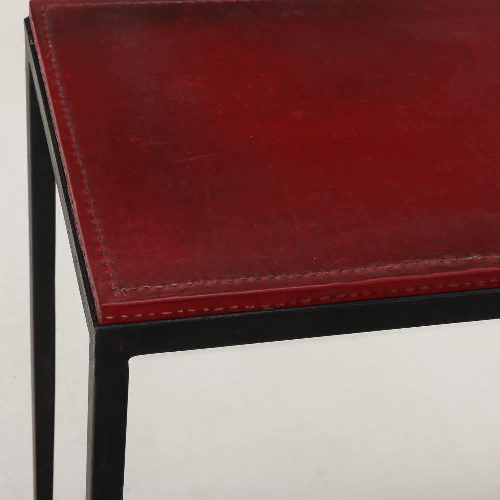 Contemporary A pair of hand stiched iron and leather console tables For Sale