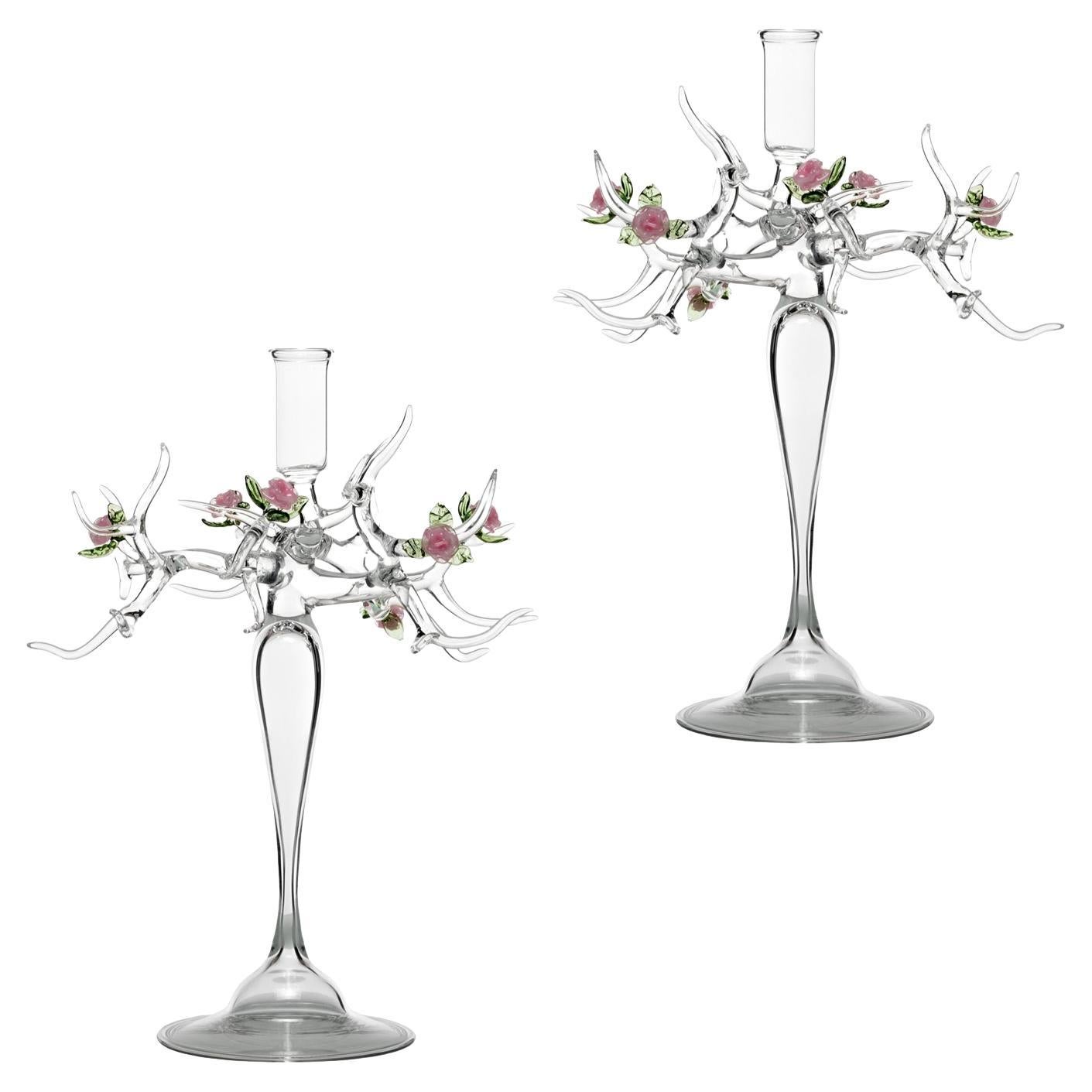 Pair of Handmade Glass Rose Candle Sticks by Simone Crestani For Sale