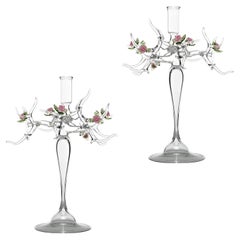 Pair of Handmade Glass Rose Candle Sticks by Simone Crestani
