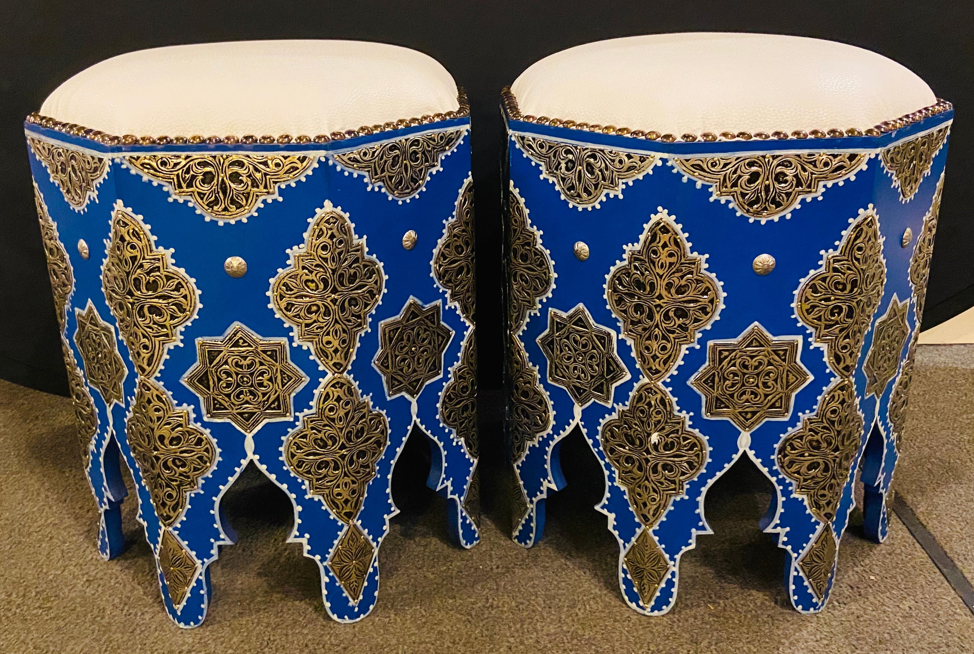 Late 20th Century Moroccan Blue Stool or Ottoman with White Leather Top, a Pair