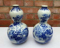 Pair of Handpainted Blue and White Meiji Period Double Gourde Vases