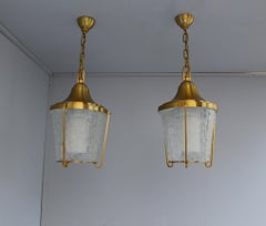Pair of Hanging Bronze and "craquelé" Glass Lanterns by Jean Perzel