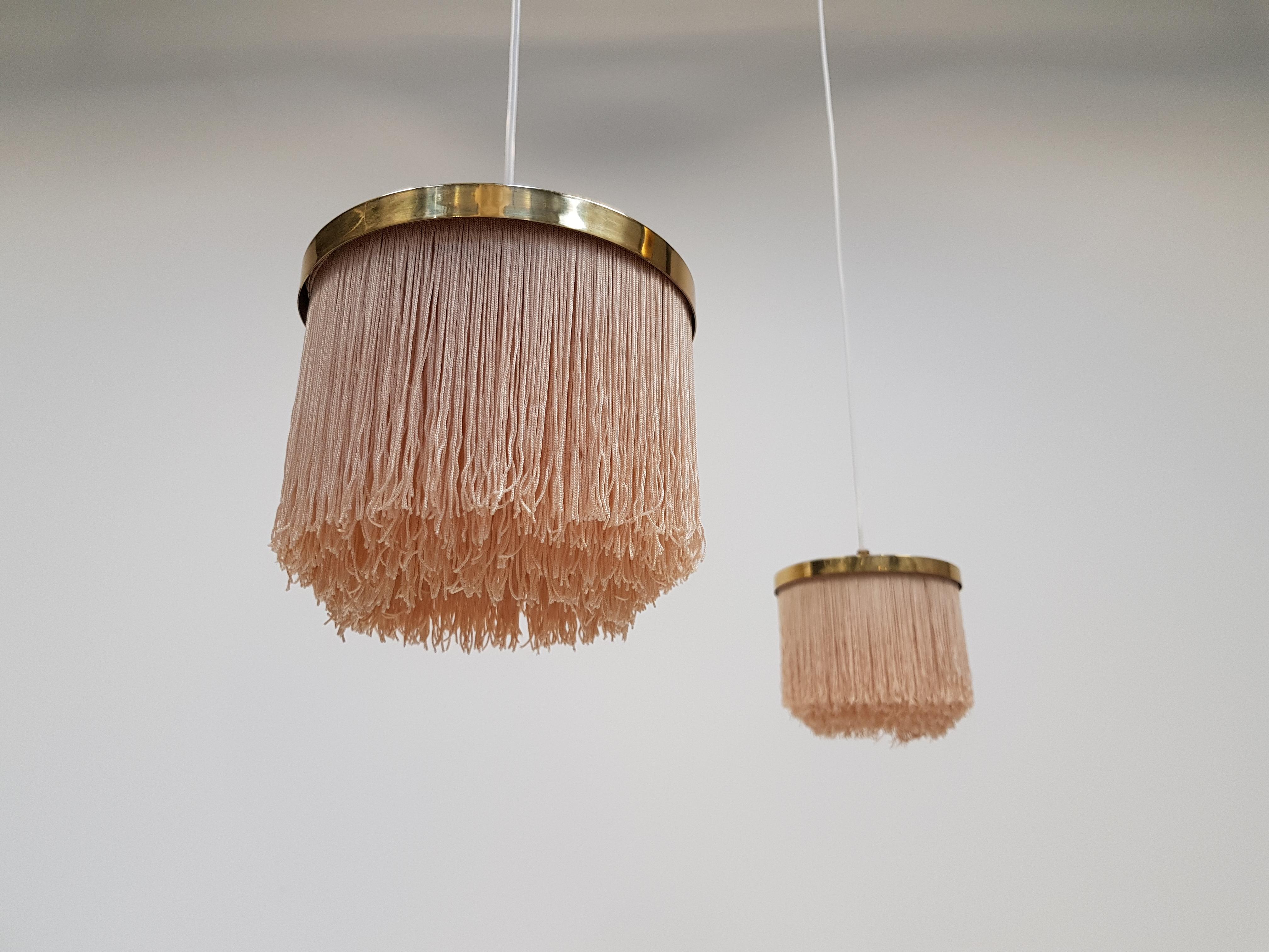 Pair of Hans-Agne Jakobsson for Markaryd Brass and Taupe Silk 'Fringe' Pendants 2