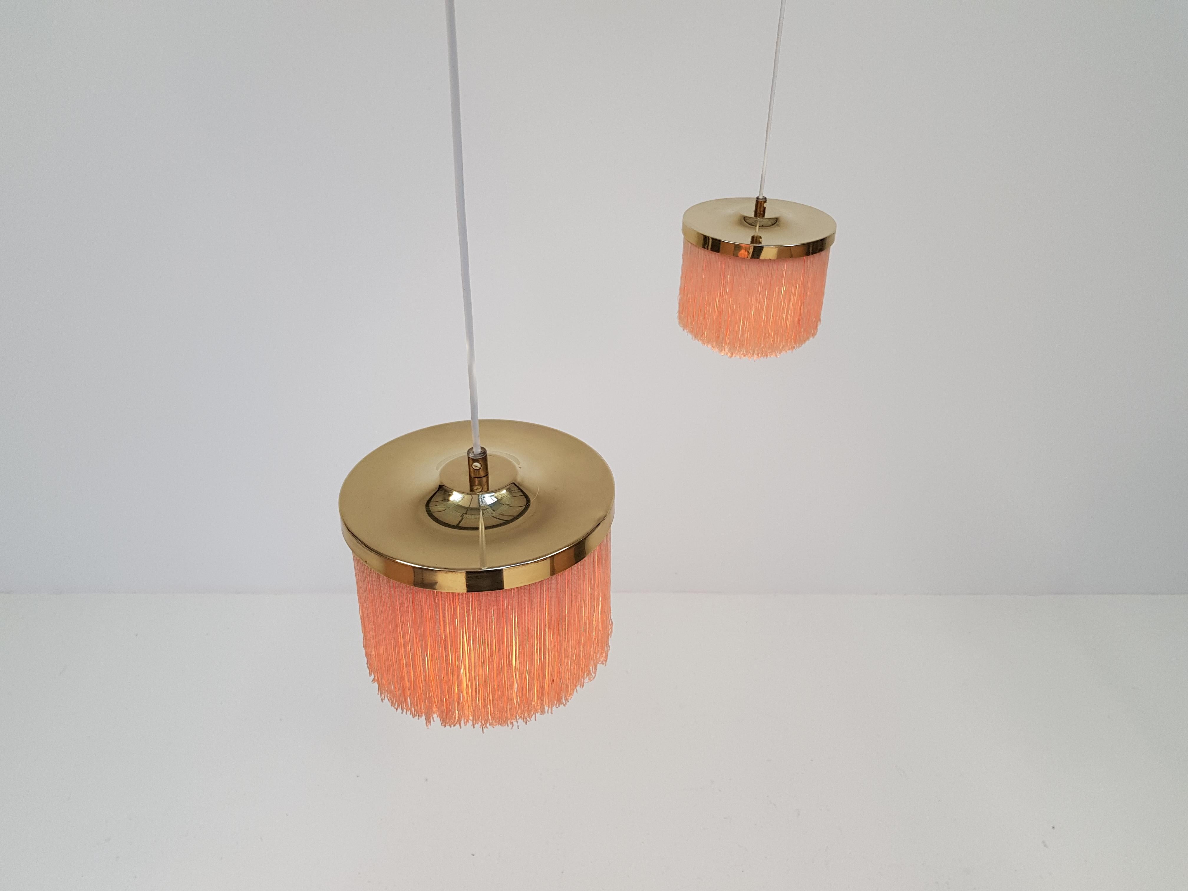 Pair of Hans-Agne Jakobsson for Markaryd Brass and Taupe Silk 'Fringe' Pendants 3