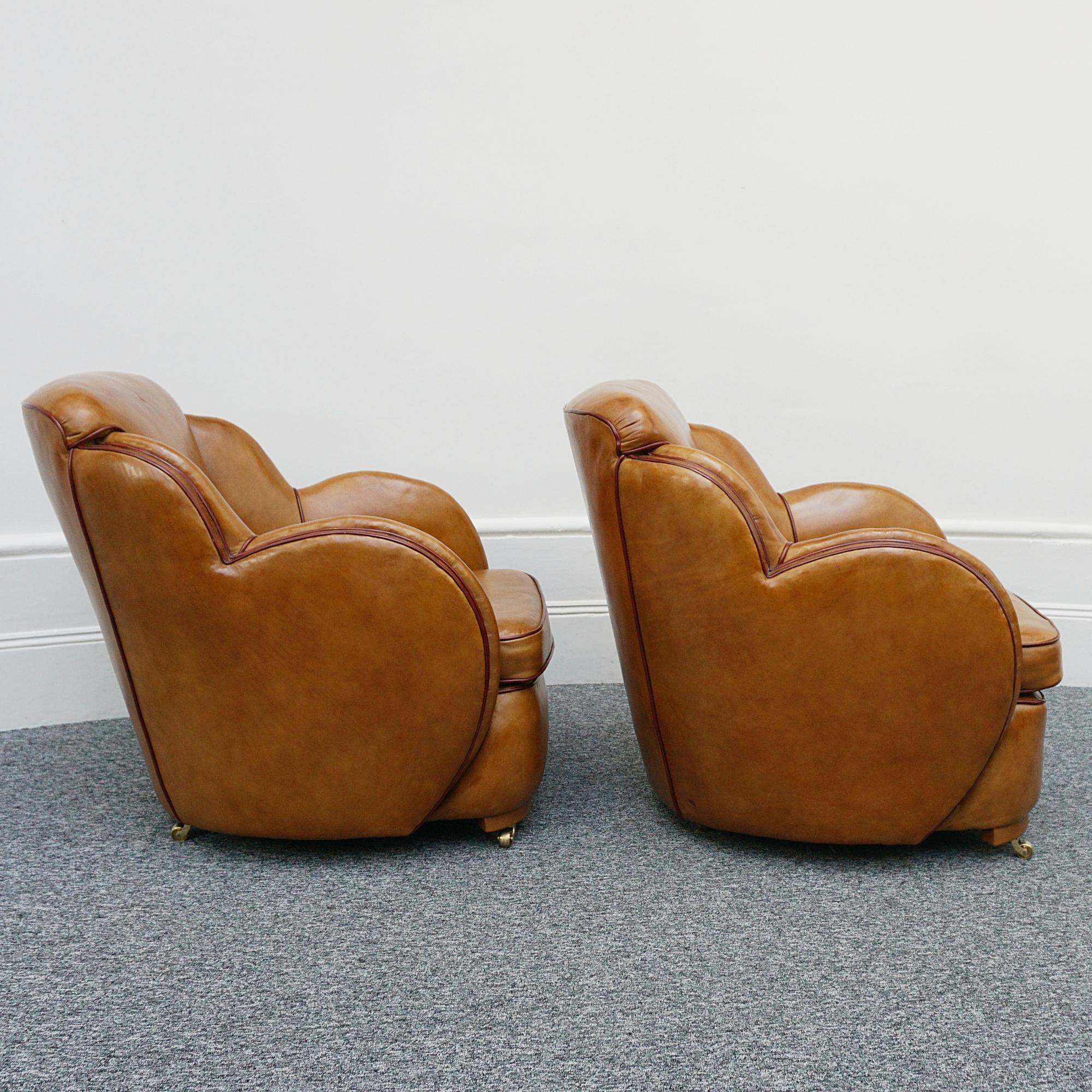 A Pair of Harry & Lou Epstein Brown Leather and Walnut Art Deco Cloud Armchairs  In Good Condition In Forest Row, East Sussex