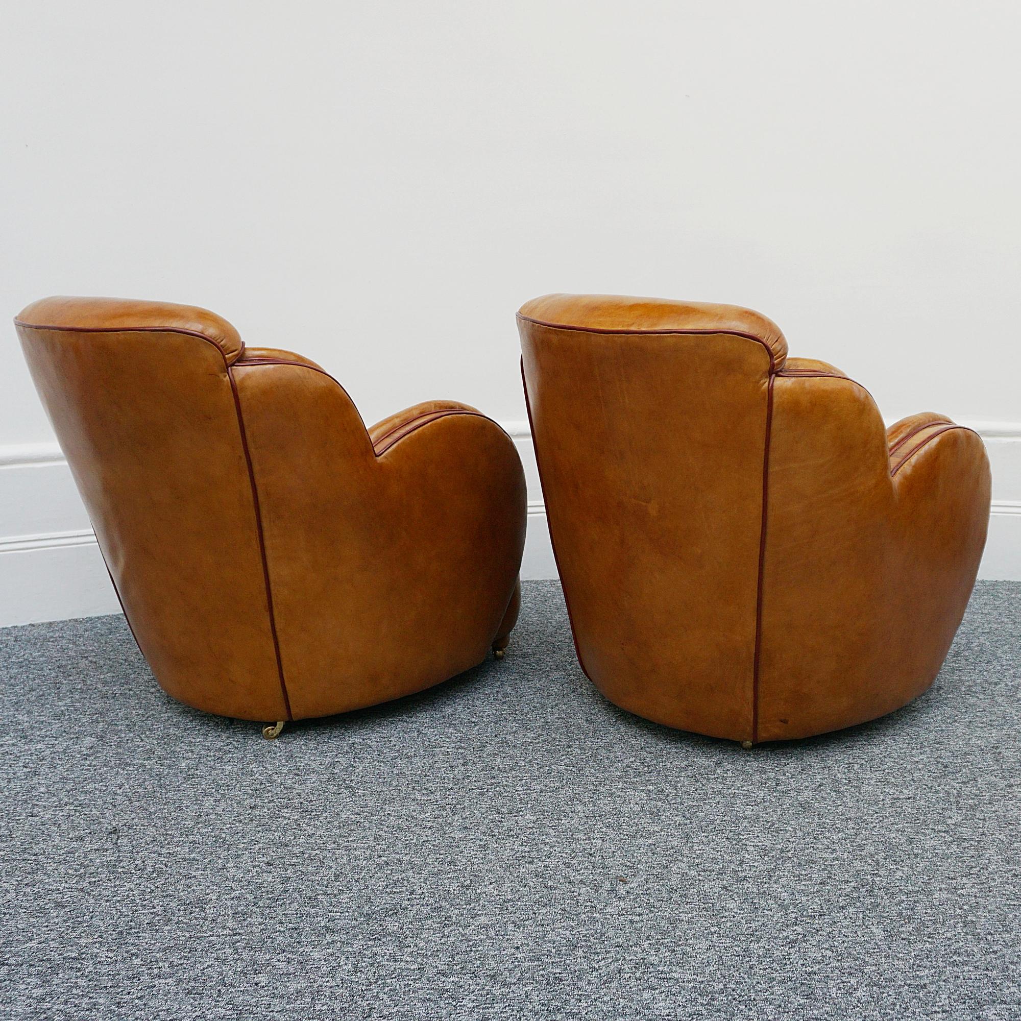 Mid-20th Century A Pair of Harry & Lou Epstein Brown Leather and Walnut Art Deco Cloud Armchairs 