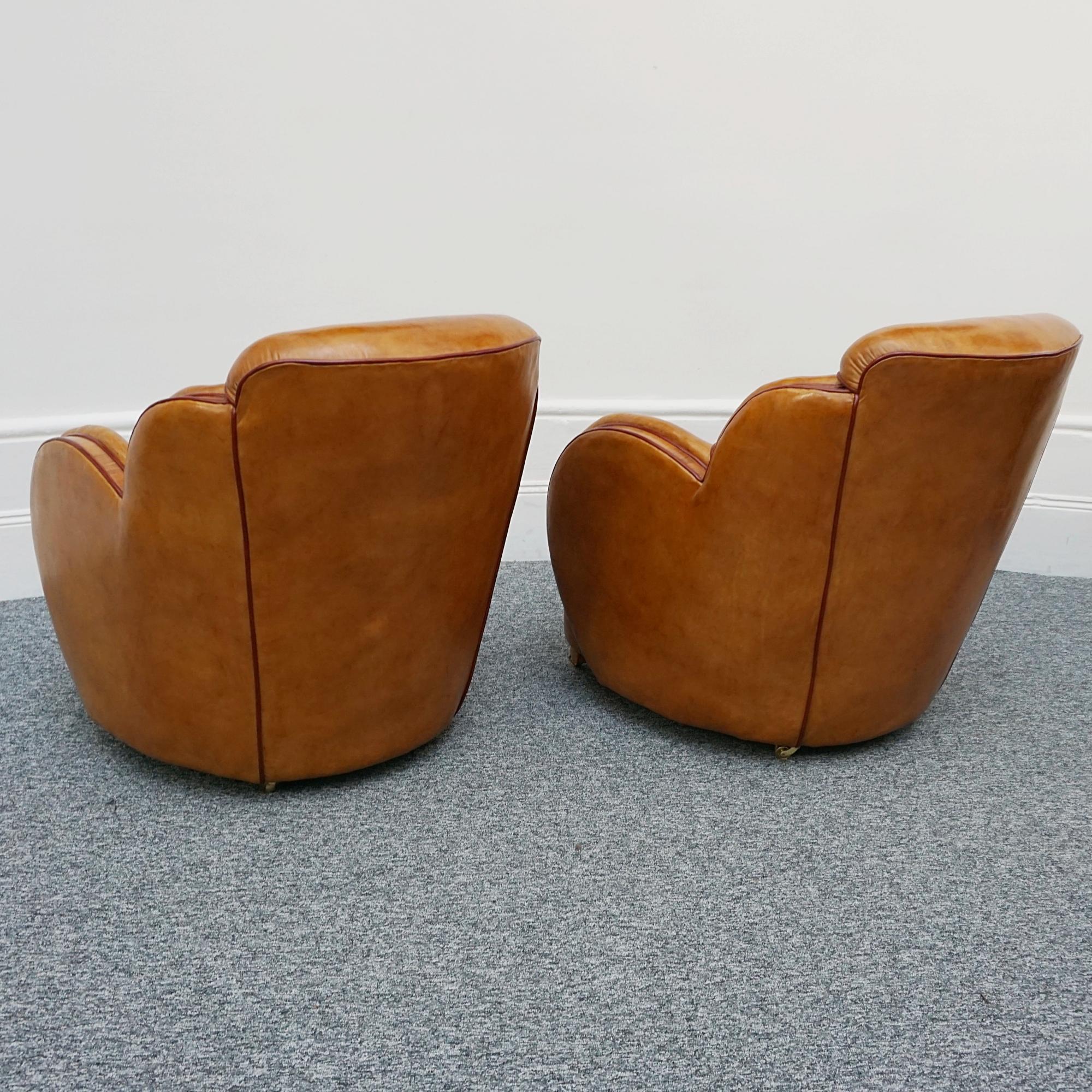 A Pair of Harry & Lou Epstein Brown Leather and Walnut Art Deco Cloud Armchairs  2