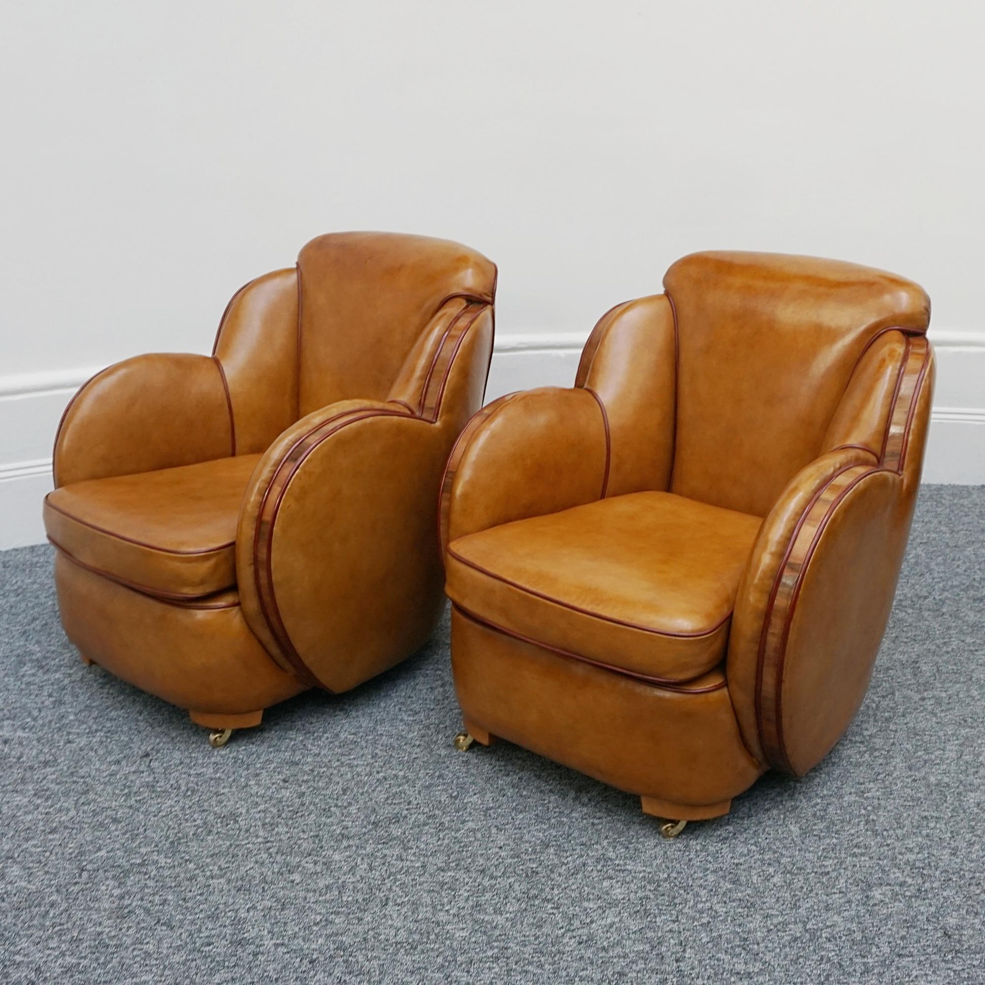 A Pair of Harry & Lou Epstein Brown Leather and Walnut Art Deco Cloud Armchairs  3