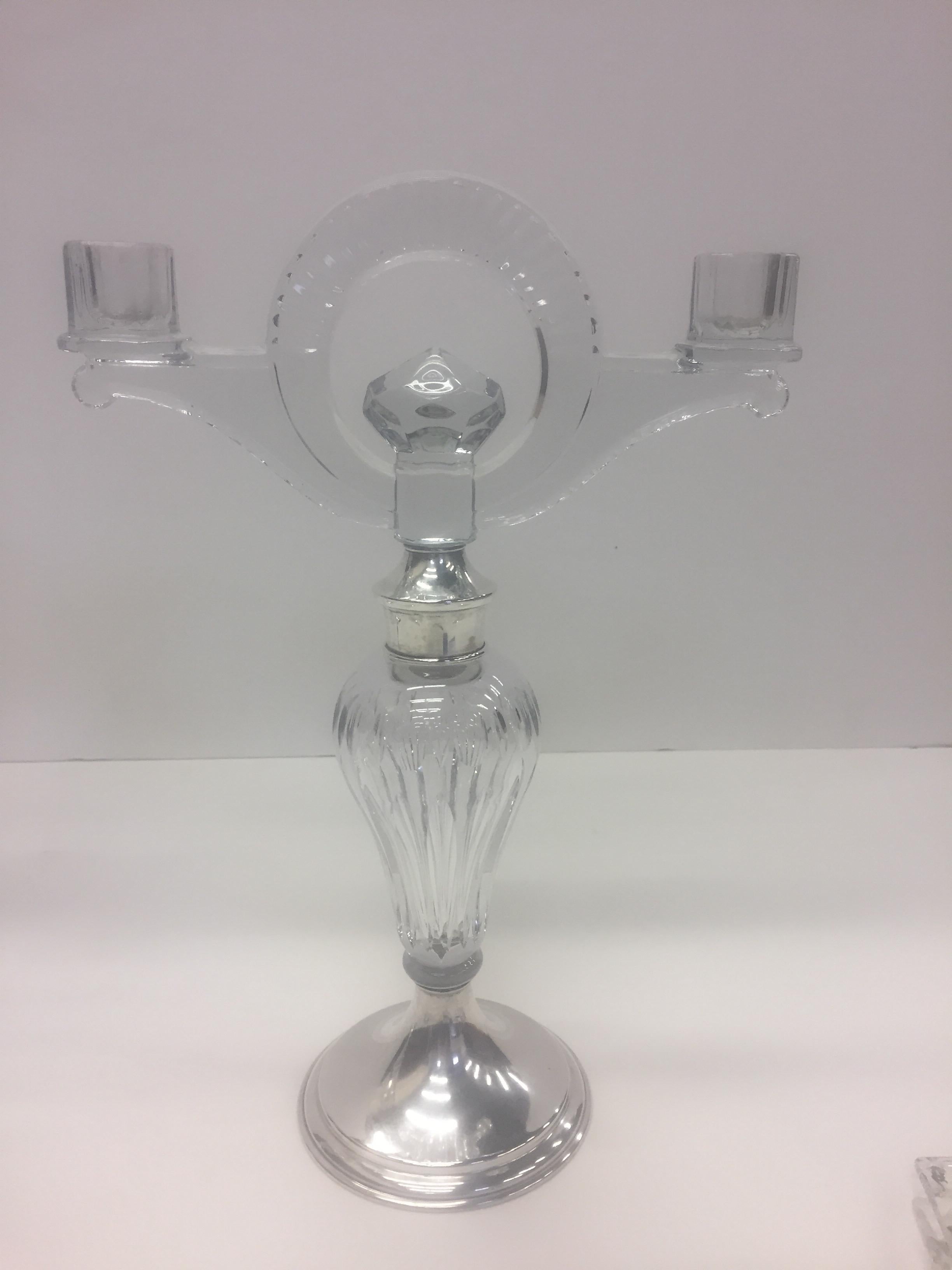 American Pair of Hawkes Art Deco Glass and Sterling Candelabra