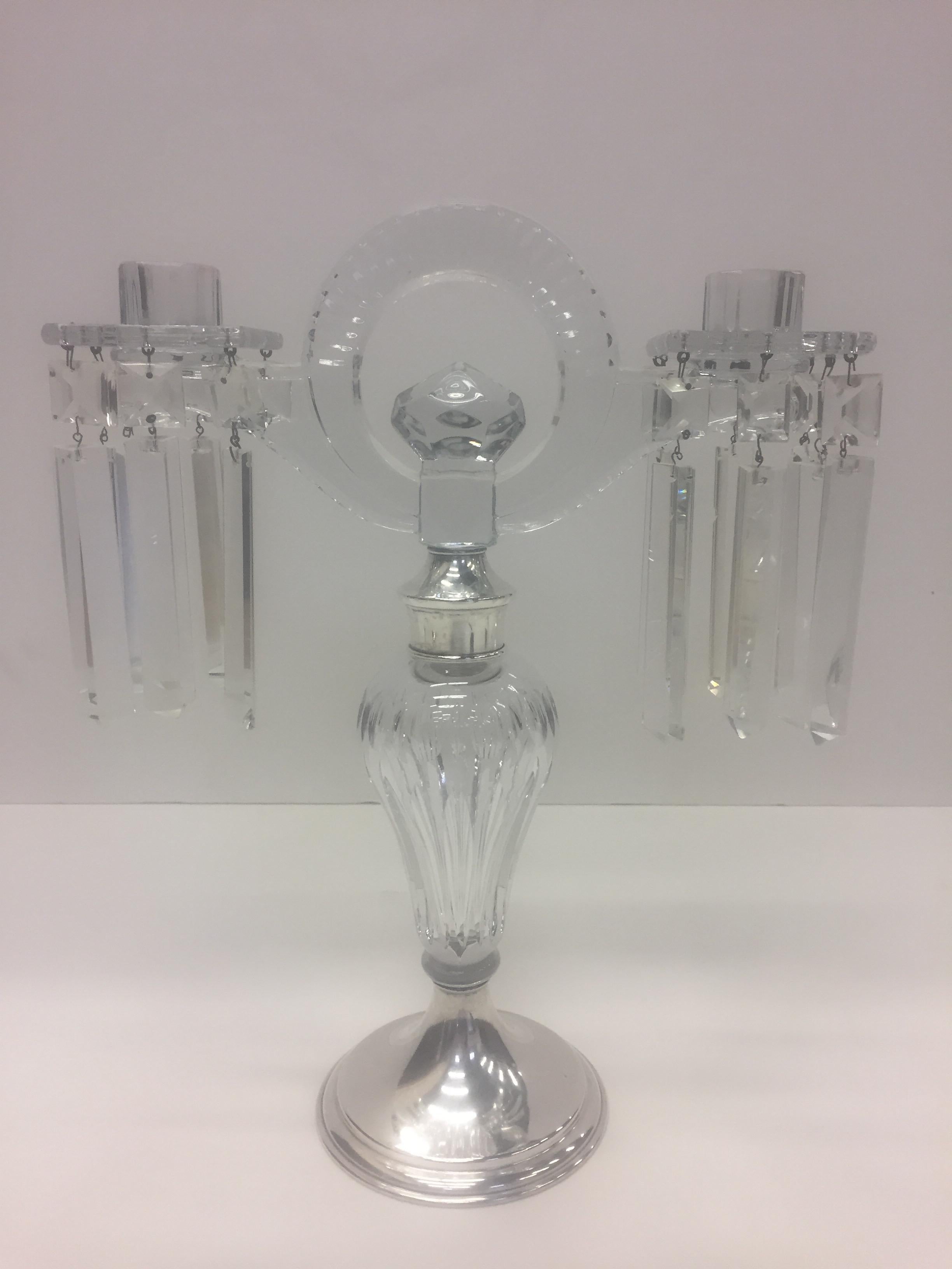 Mid-20th Century Pair of Hawkes Art Deco Glass and Sterling Candelabra