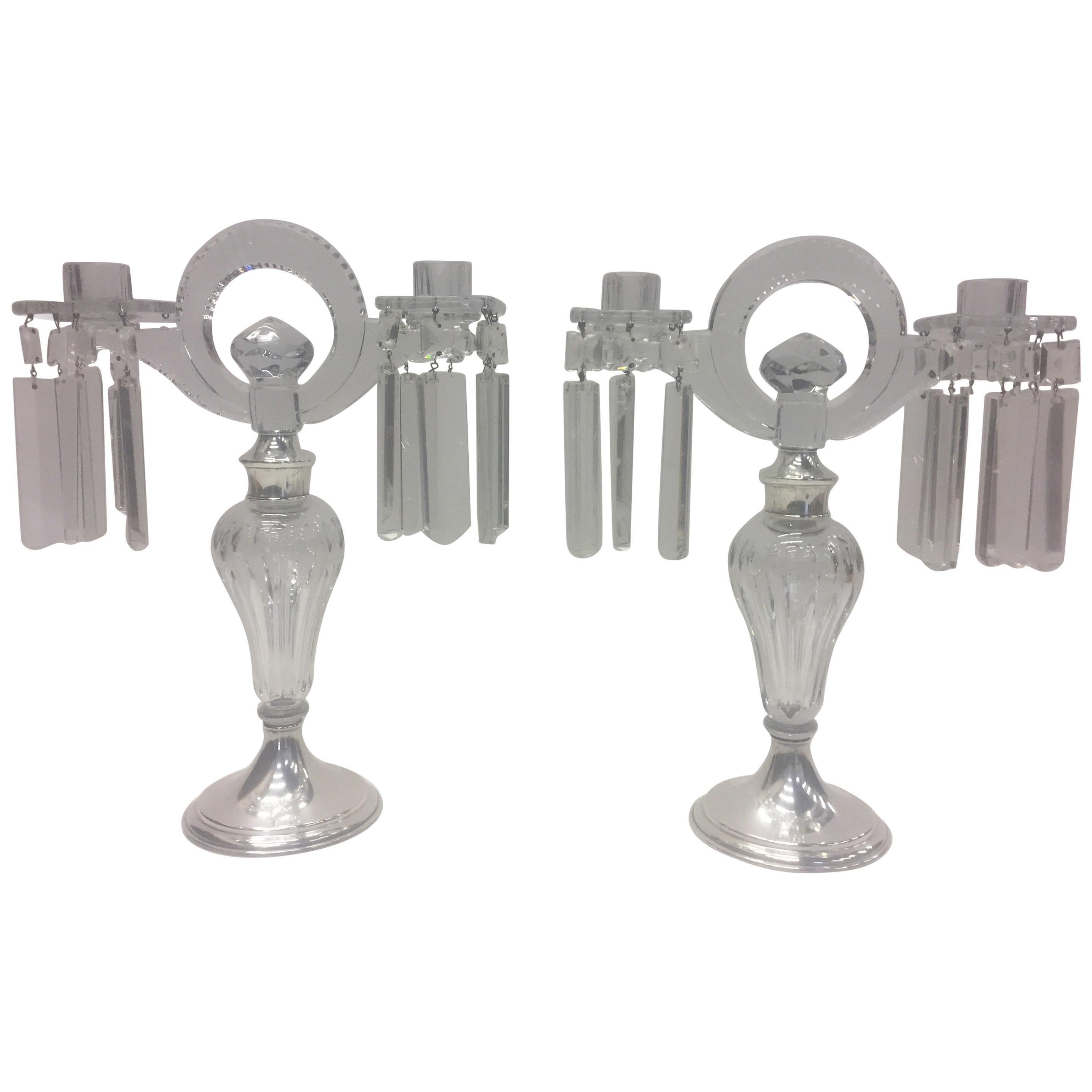 Pair of Hawkes Art Deco Glass and Sterling Candelabra