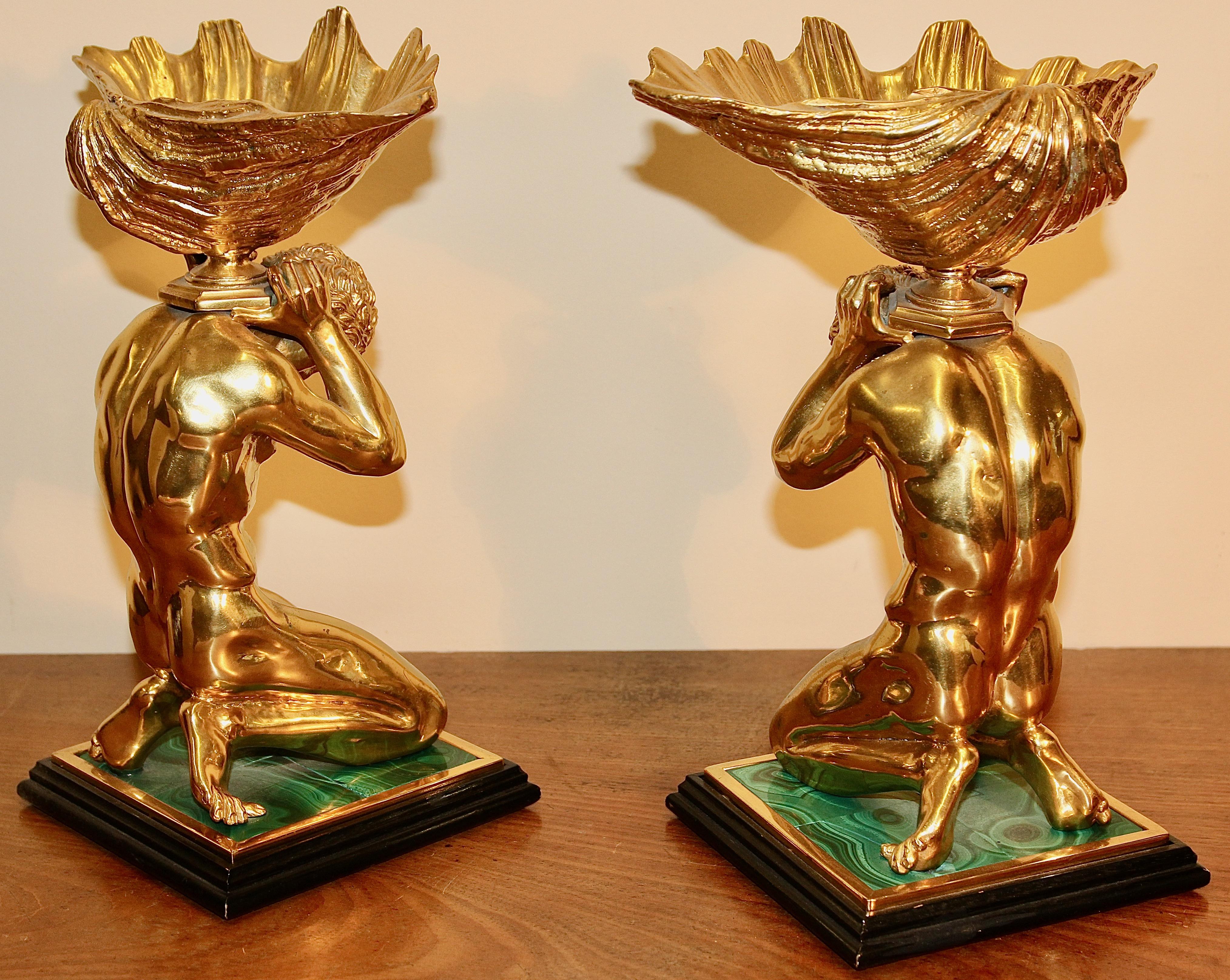 Pair of Heavy Decorative Bowls, Kneeling Acts, Nudes, Shell Gilded, Malachite In Fair Condition For Sale In Berlin, DE