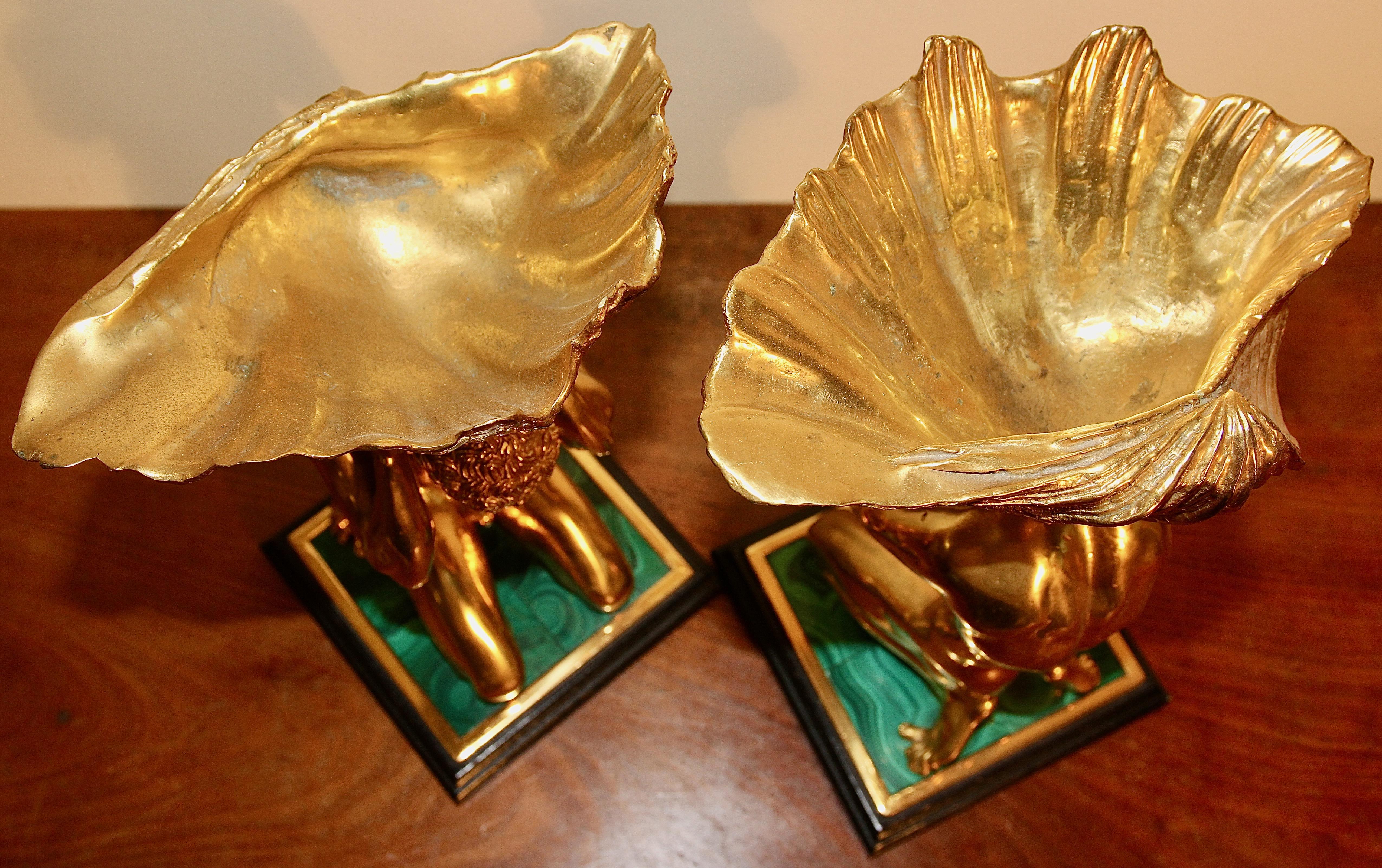 20th Century Pair of Heavy Decorative Bowls, Kneeling Acts, Nudes, Shell Gilded, Malachite For Sale