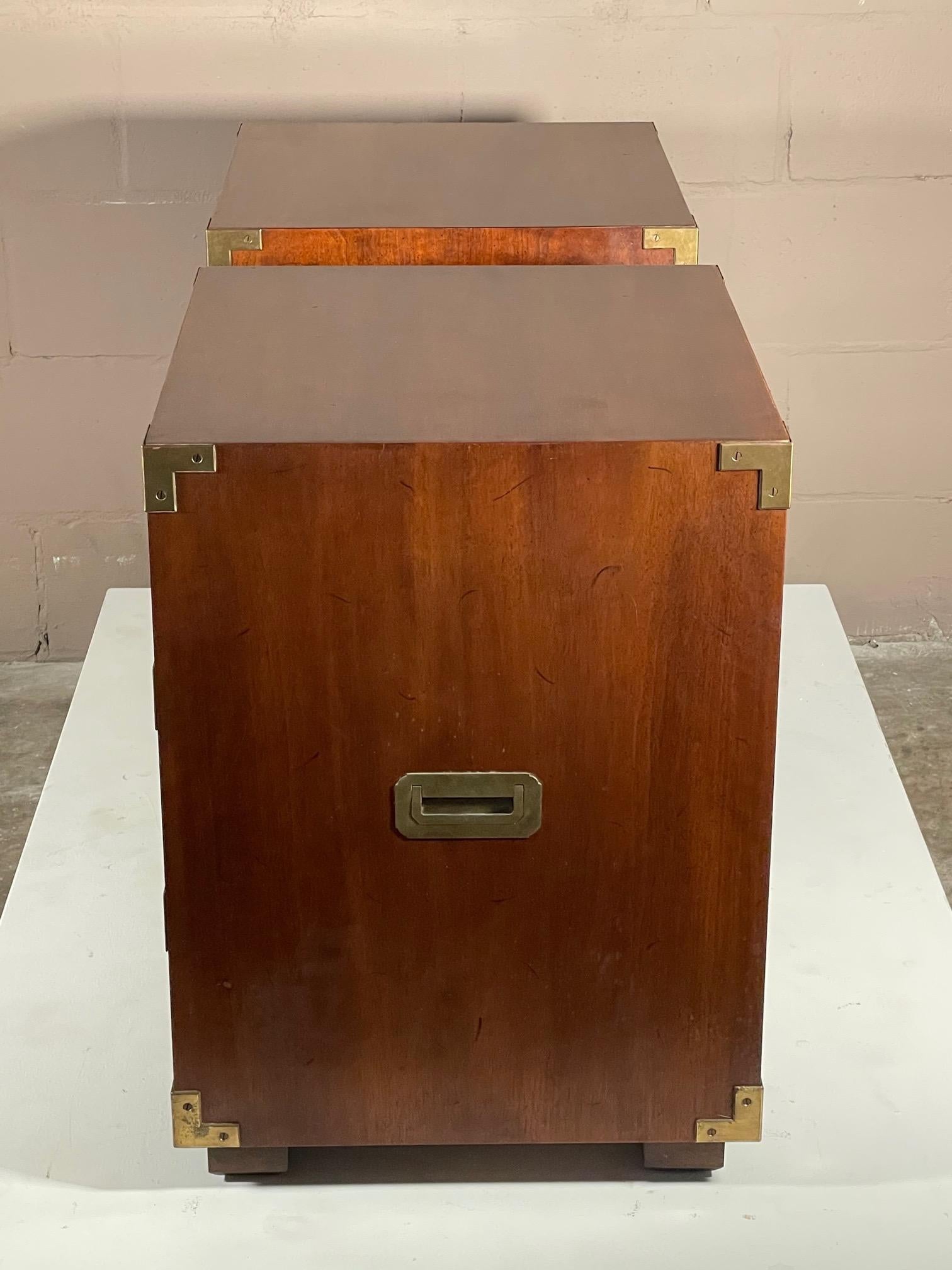 Late 20th Century Pair of Henredon Campaign Style Night Stands