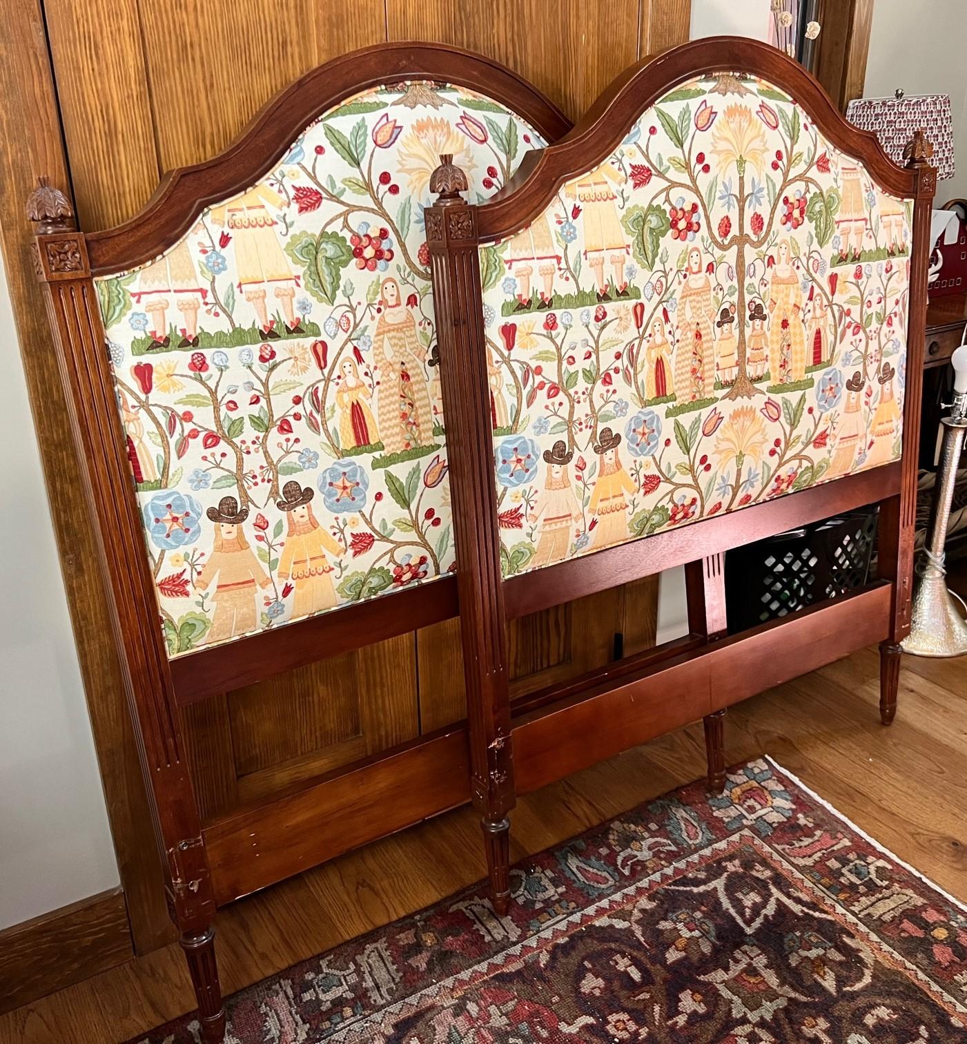 21st C. American made custom upholstered Hickory Chair Simone Twin headboards. The graceful form of the headboard’s top rail was inspired by the bonnet of an antique French secretary’s deck. Simone is finely hand-carved from solid mahogany and