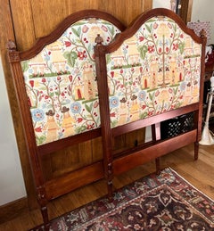 A Pair of Hickory Chair Custom Upholstered Hand Carved Mahogany Twin Headboards