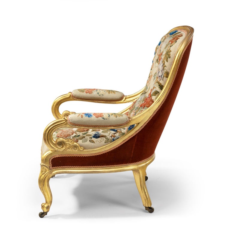 Pair of High Victorian Giltwood and Needlework Arm Chairs by Gillows