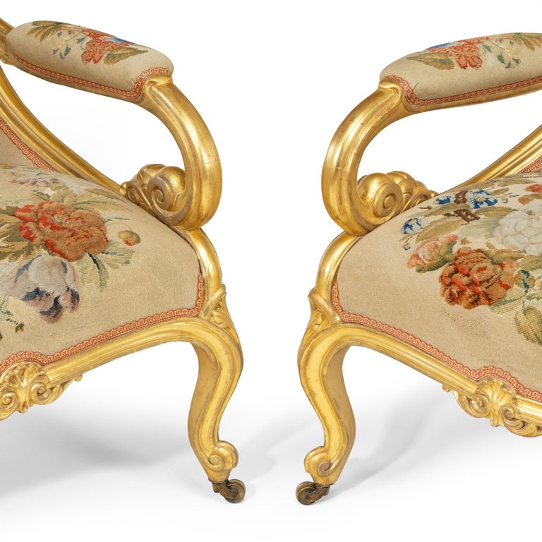 Pair of High Victorian Giltwood and Needlework Arm Chairs by Gillows