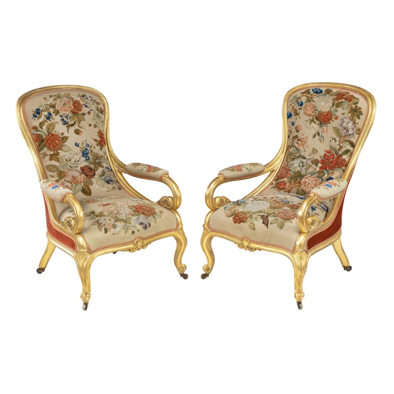 Pair of High Victorian Giltwood and Needlework Arm Chairs by Gillows, 1850 For Sale at 1stdibs