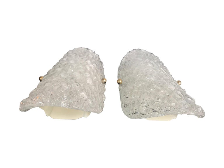Pair of Hillebrand Ice Glass Wall Sconces with Textured Curved Glass Shades In Good Condition For Sale In London, GB