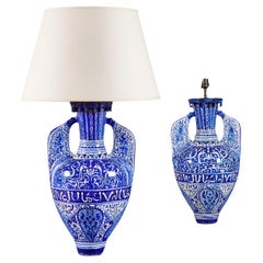 Antique Pair of Hispano Moresque Blue and White Lamps