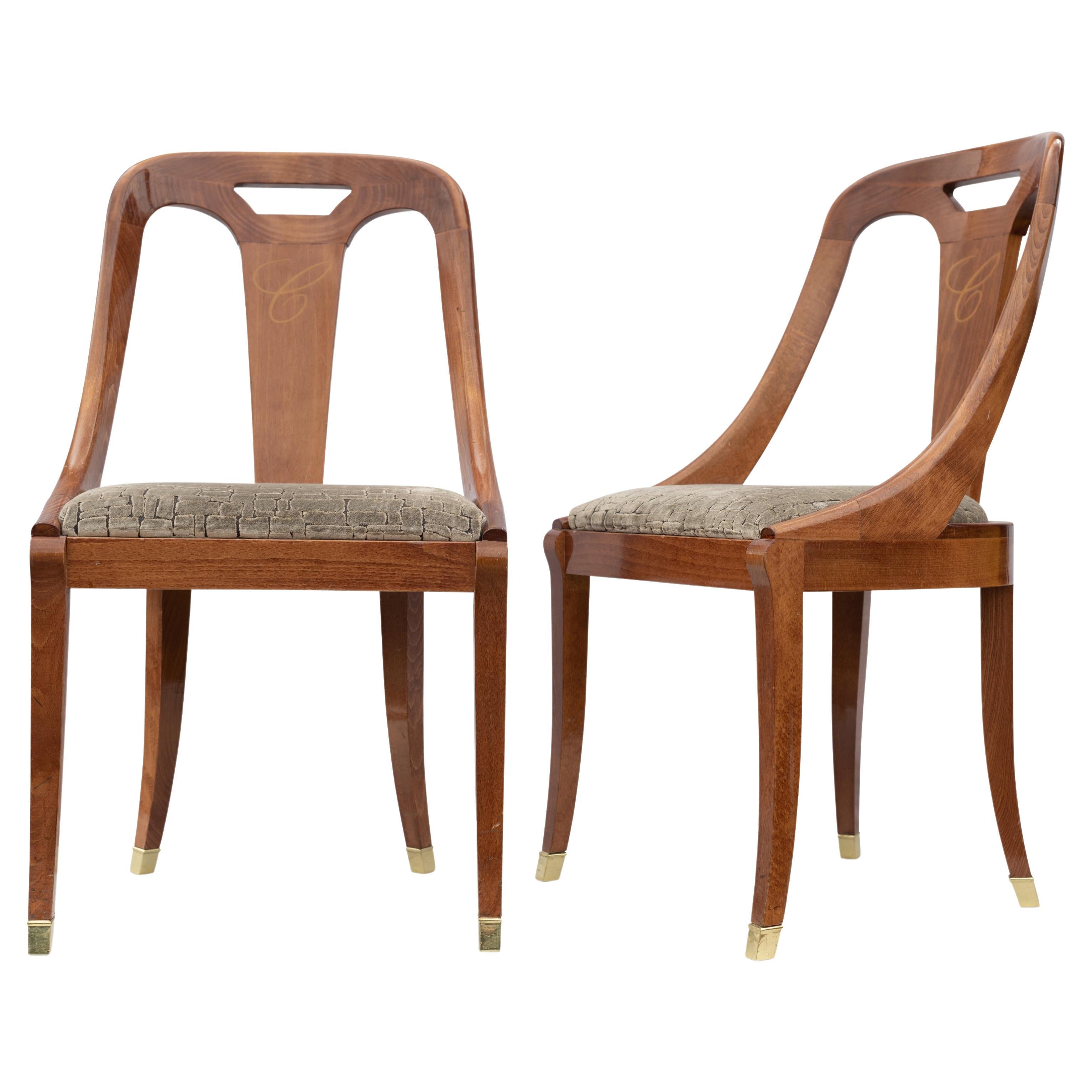 Pair of Hollywood Regency Beech Curved Back Upholstered Hallway Chairs For Sale