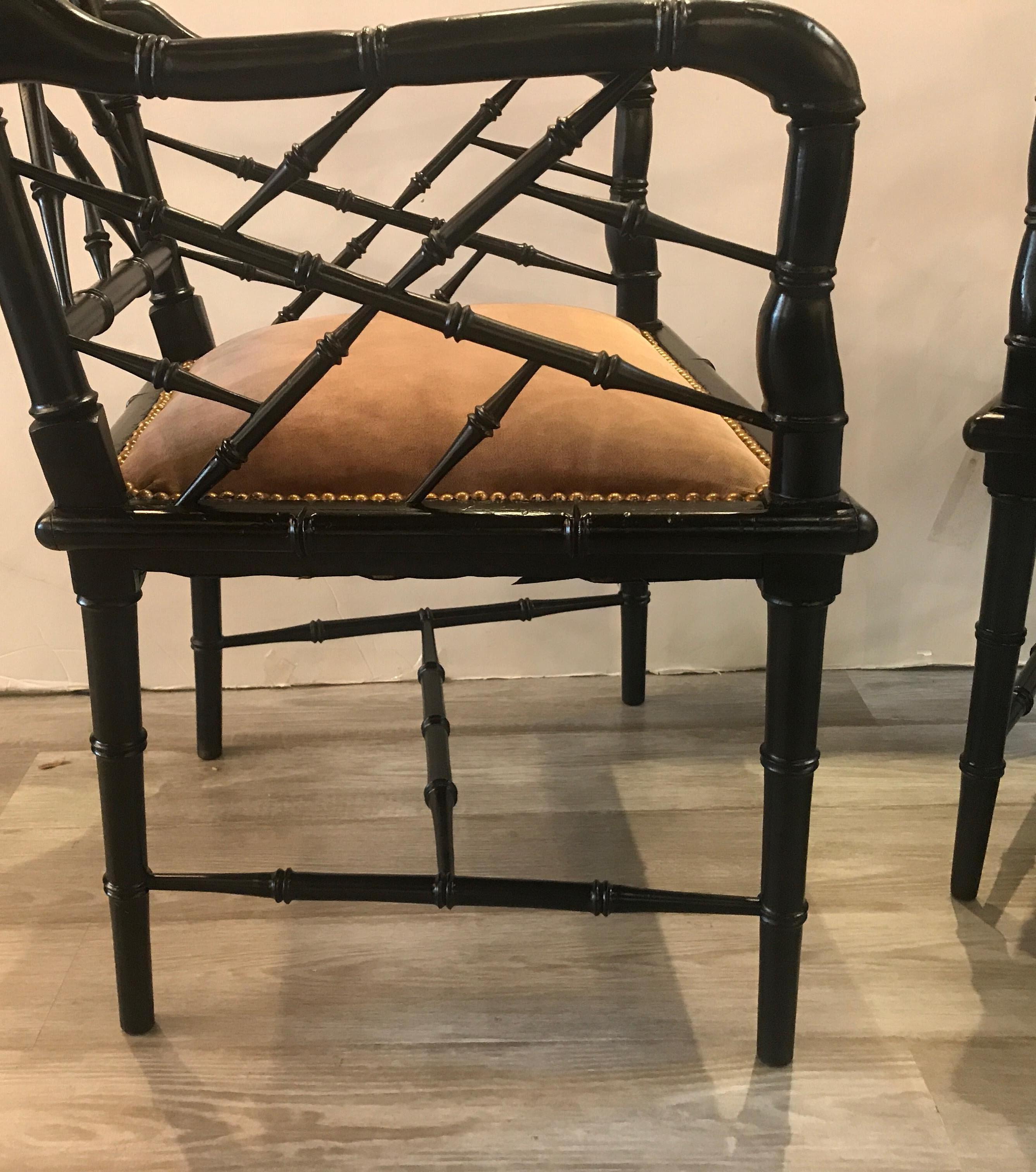 Pair of Hollywood Regency Ebonized Wood Accent Chairs 6