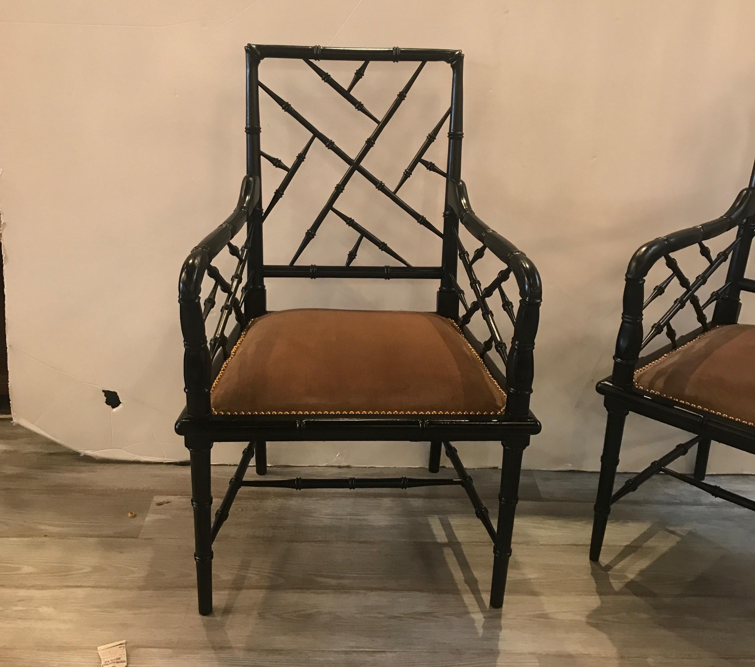 American Pair of Hollywood Regency Ebonized Wood Accent Chairs