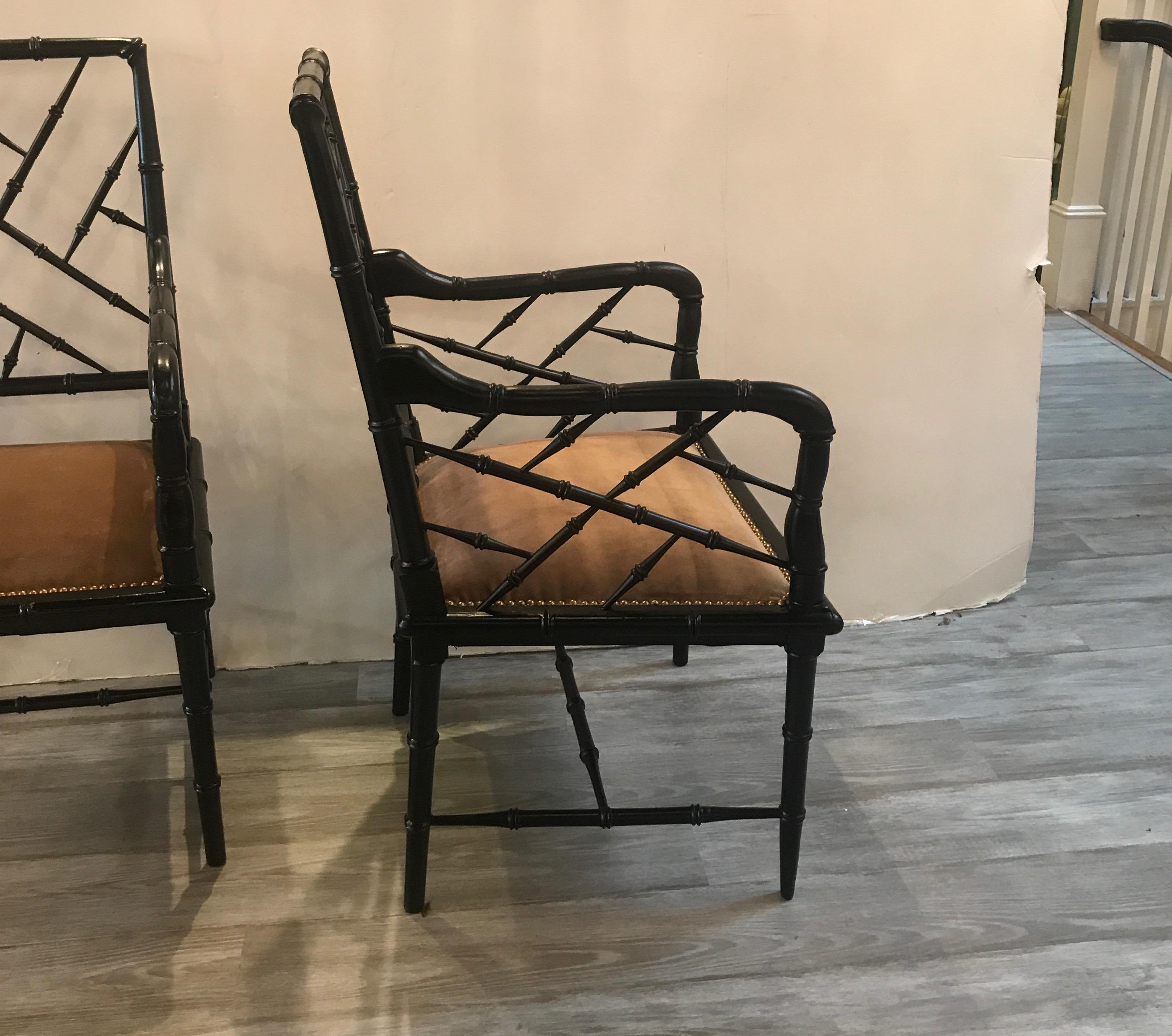 Pair of Hollywood Regency Ebonized Wood Accent Chairs In Good Condition In Lambertville, NJ