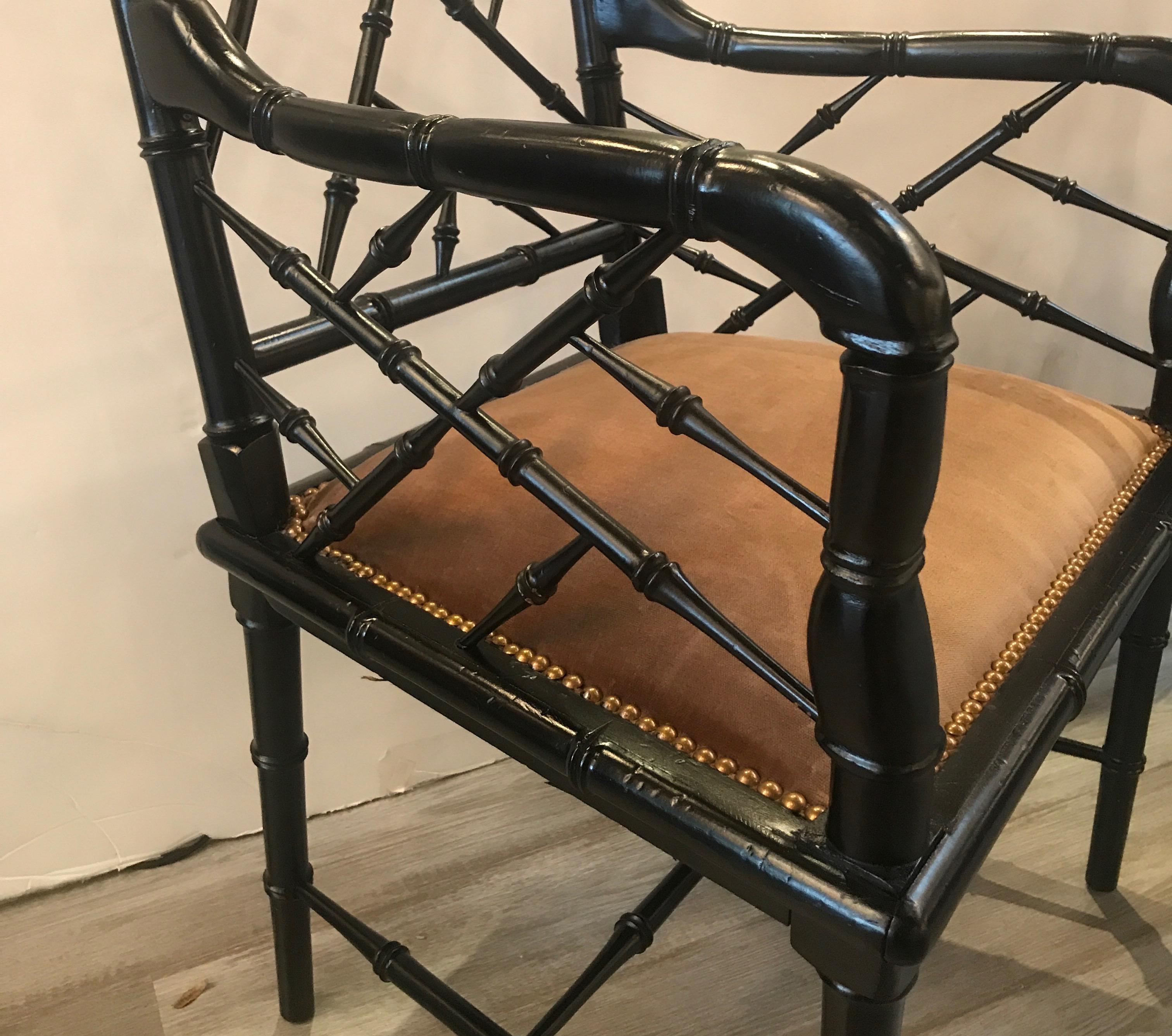 Mid-20th Century Pair of Hollywood Regency Ebonized Wood Accent Chairs