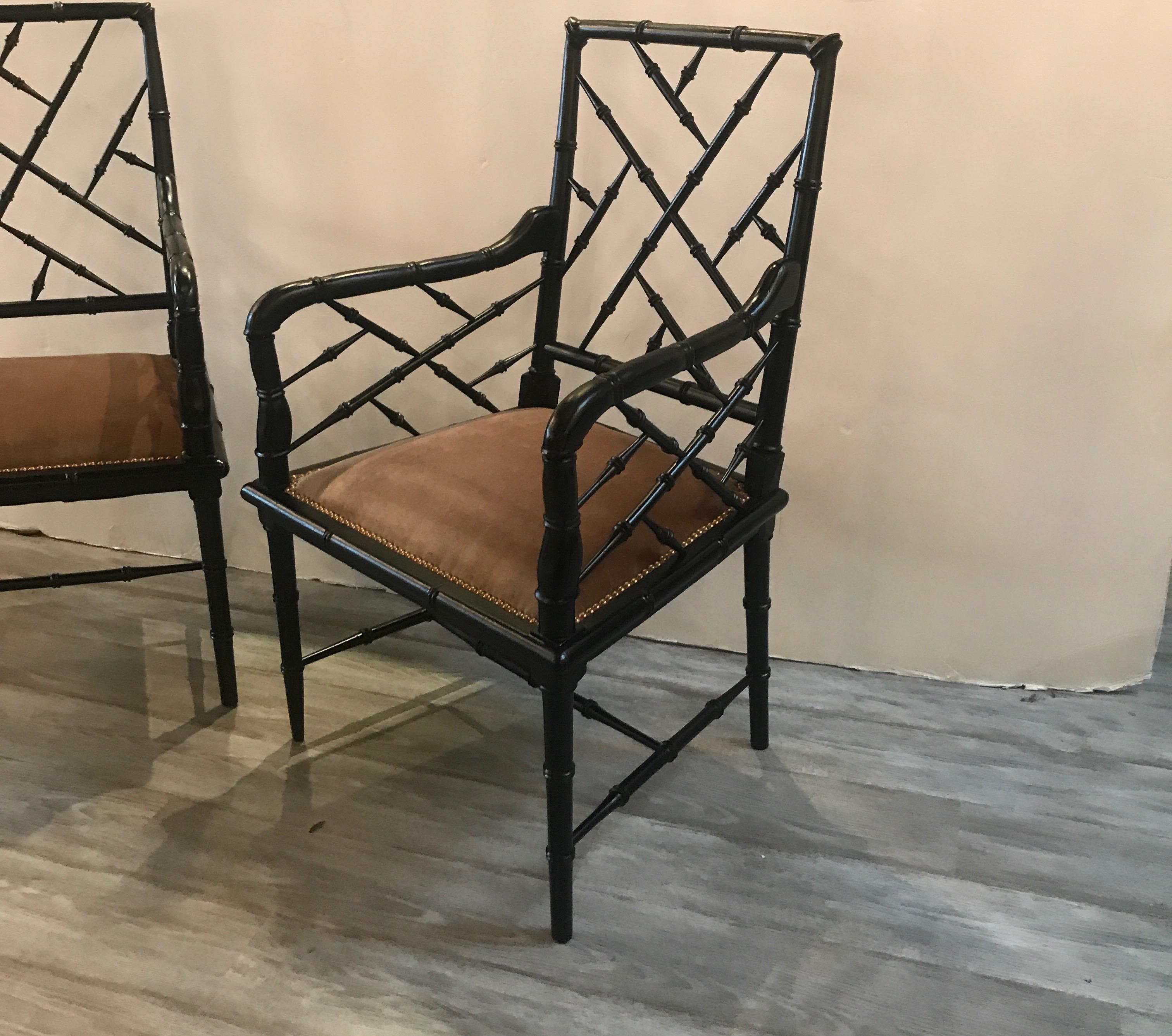 Hardwood Pair of Hollywood Regency Ebonized Wood Accent Chairs