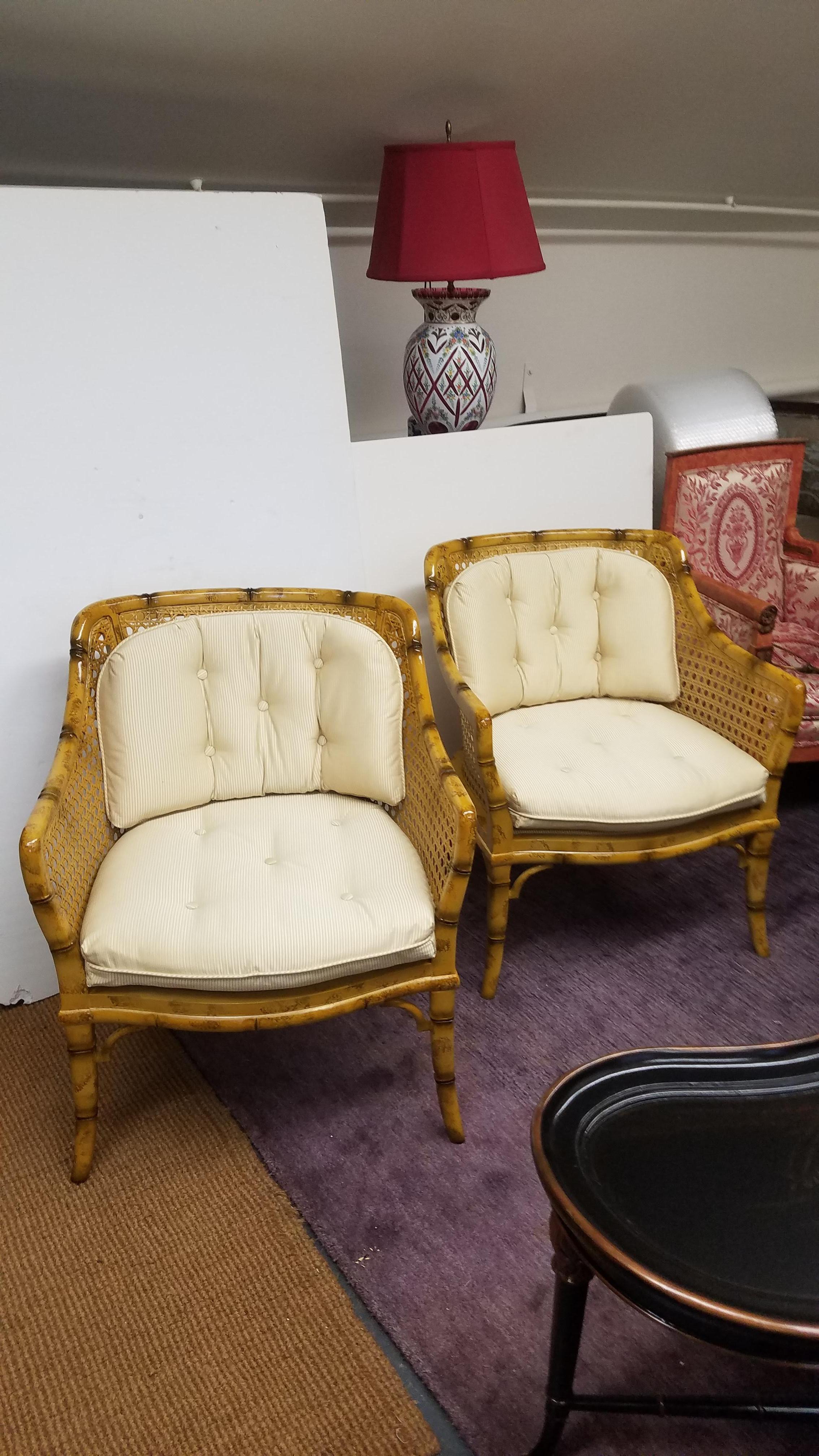 Pair of Hollywood Regency Faux Bamboo Cane Armchairs 1