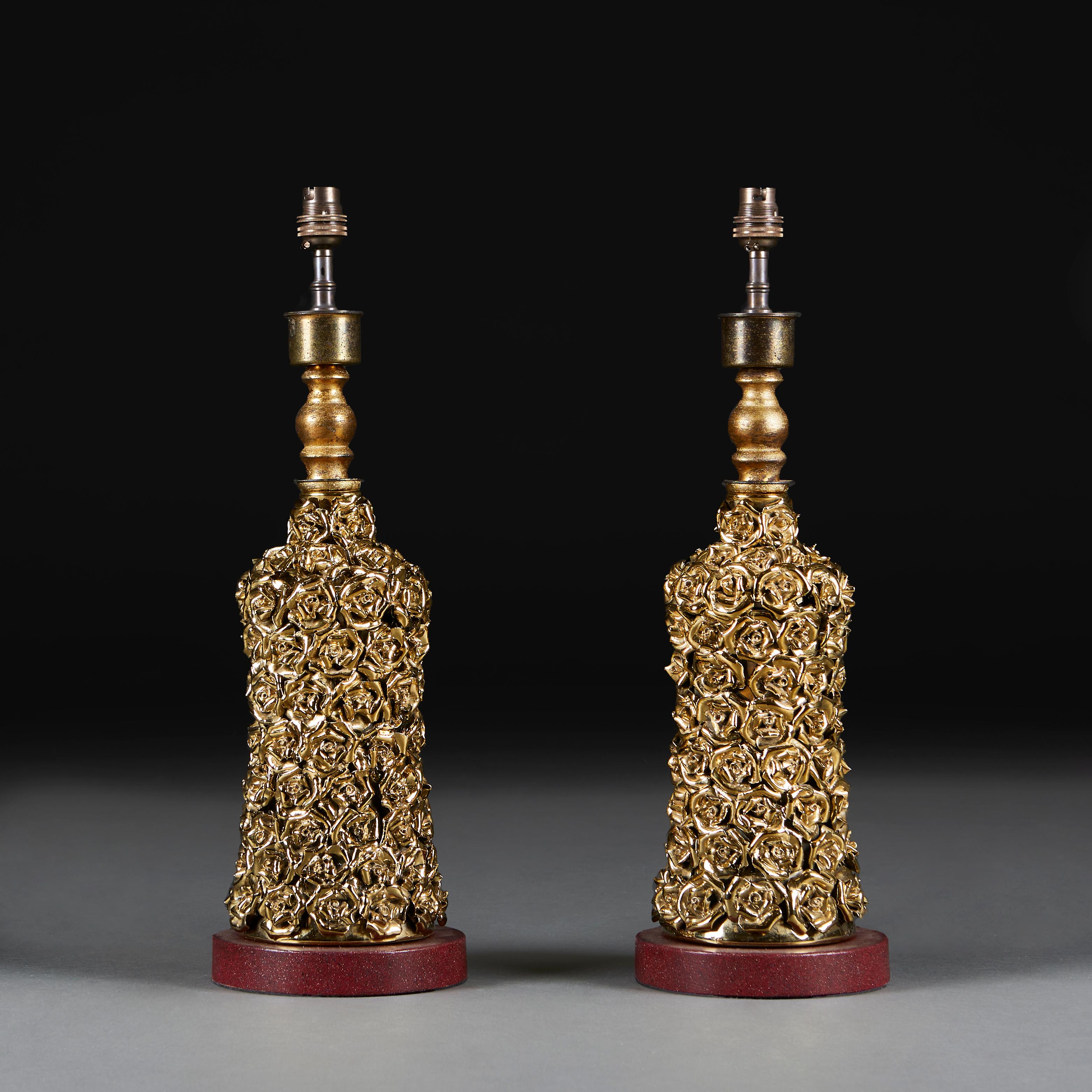 Italian A Pair Of Hollywood Regency Gilded Porcelain Lamps  For Sale