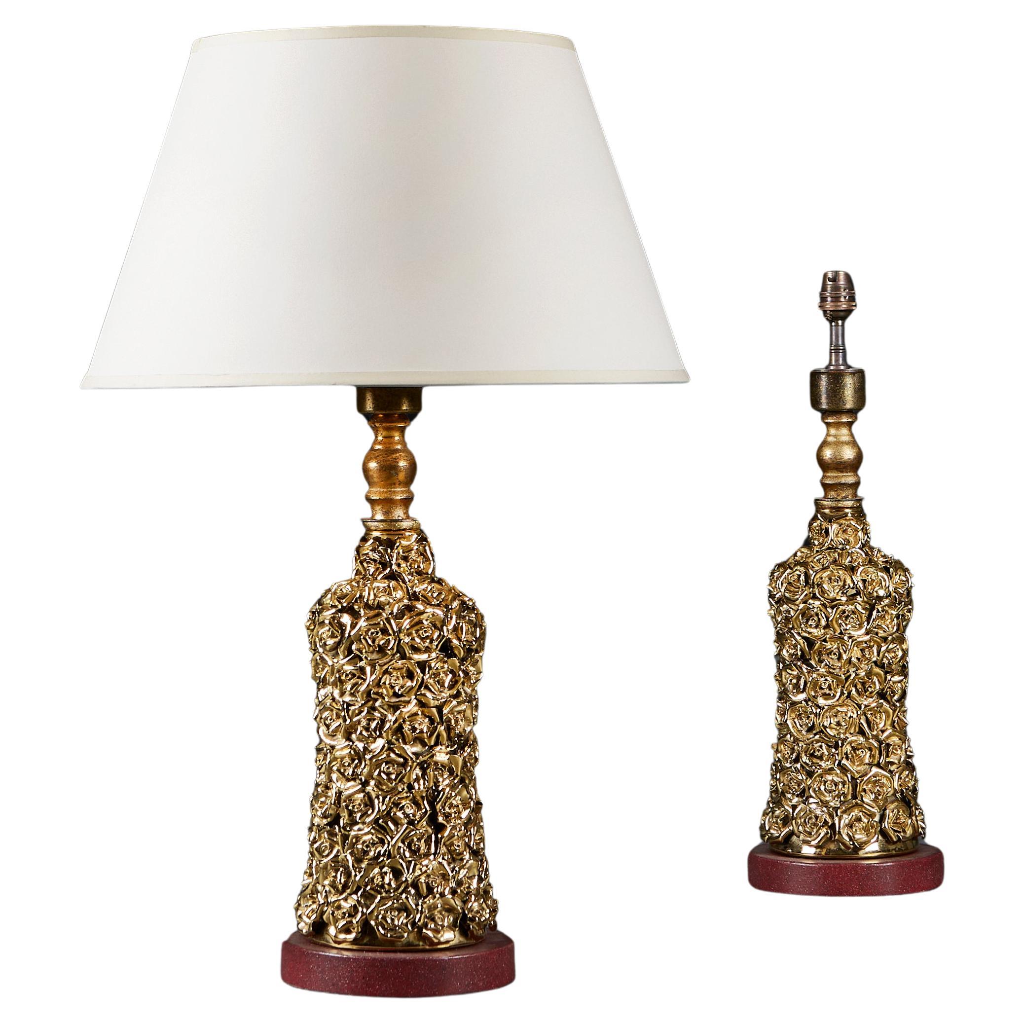 A Pair Of Hollywood Regency Gilded Porcelain Lamps  For Sale