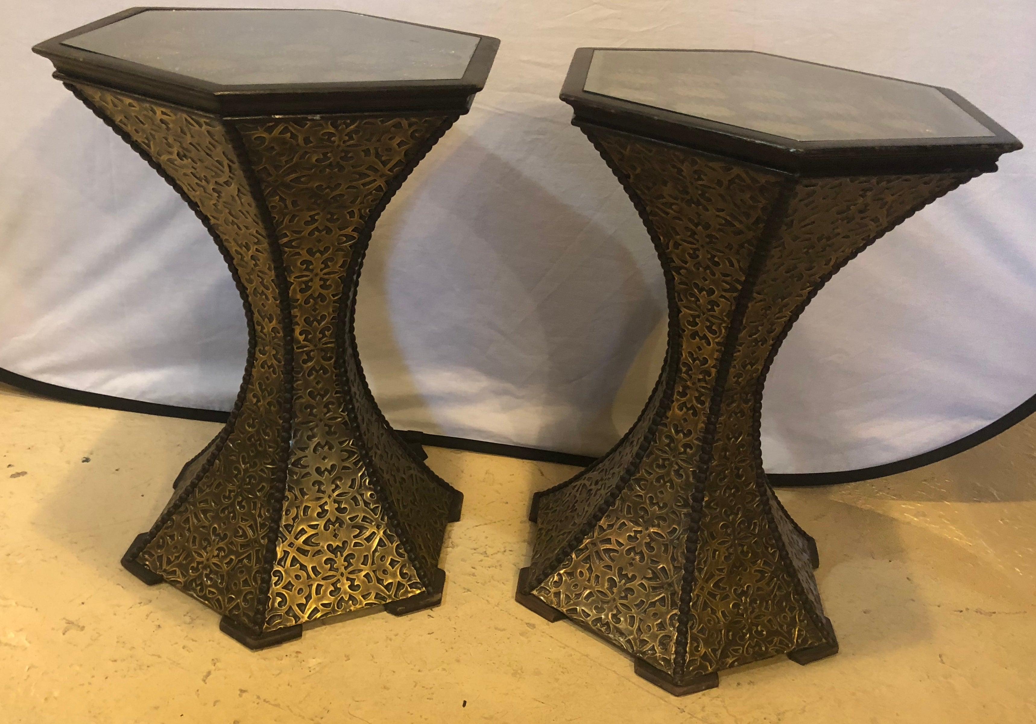 Hollywood Regency Brass and  Black Ebony Filigree Motif End Side Table, a Pair  For Sale 9