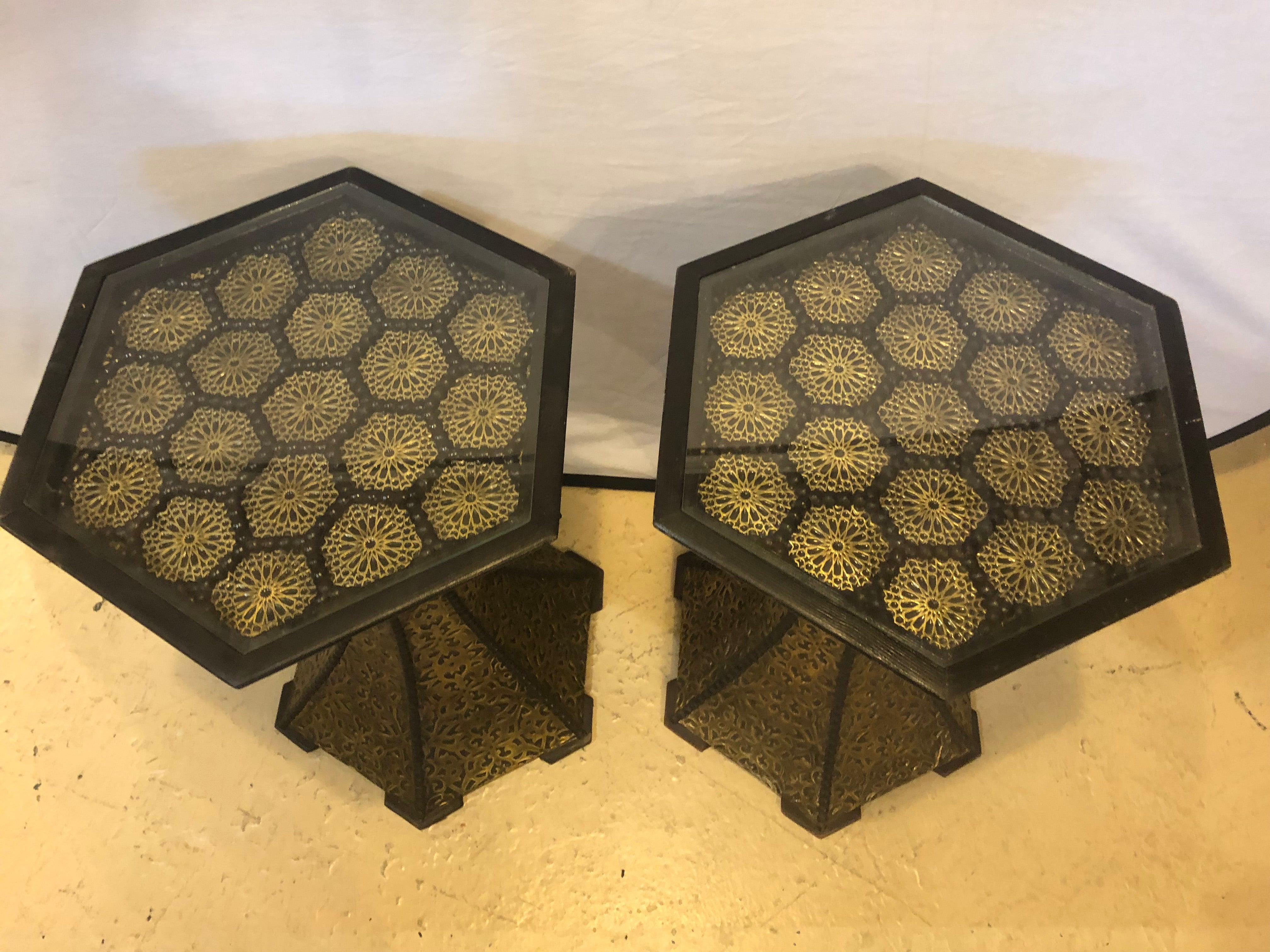 Hollywood Regency Hexagon Gold Brass and Wood Black End or Side Table, a Pair  For Sale 11
